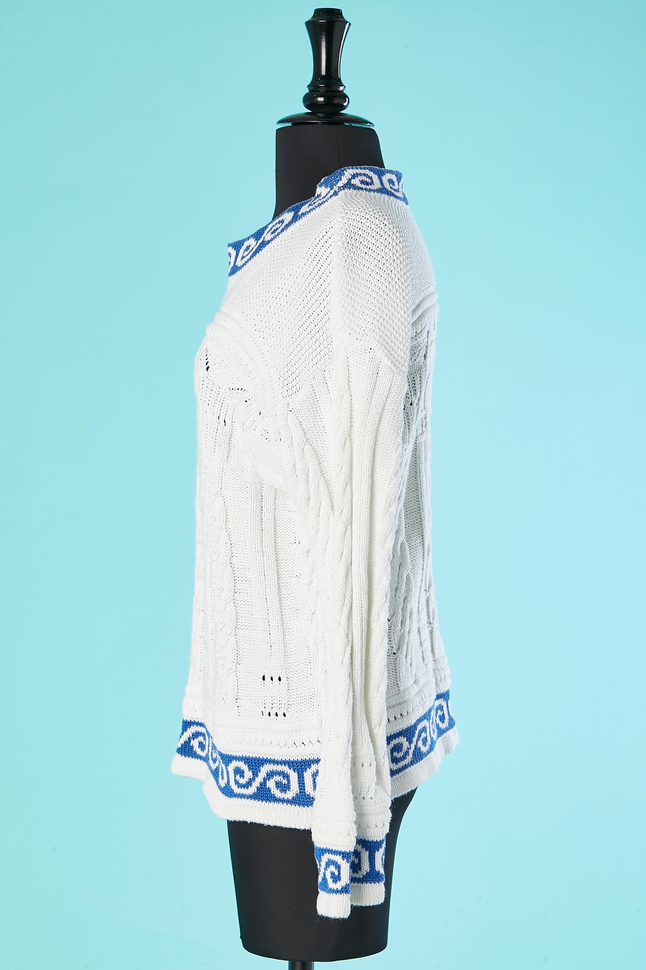 Women's White cotton Pull-over with blue jacquard edge Kenzo  For Sale