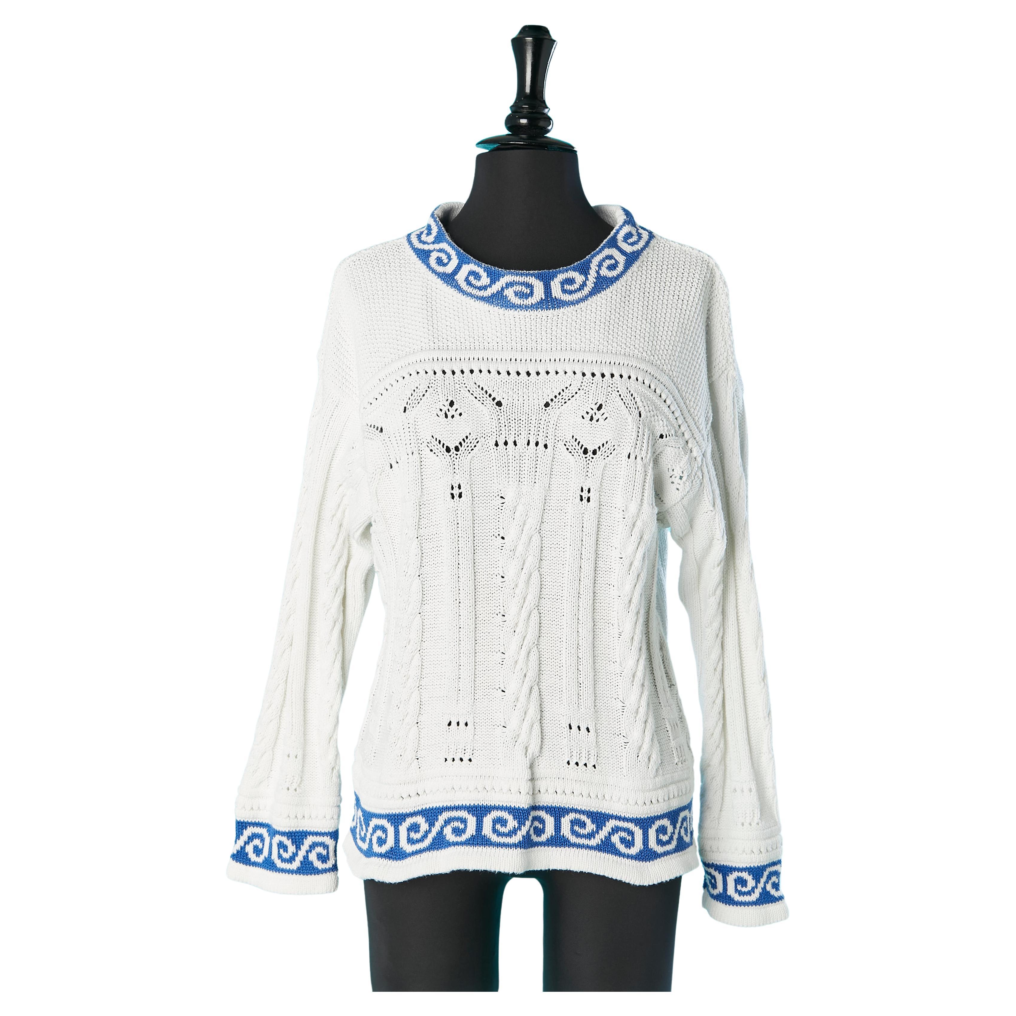 Pull-over en coton blanc avec bord en jacquard bleu Kenzo 