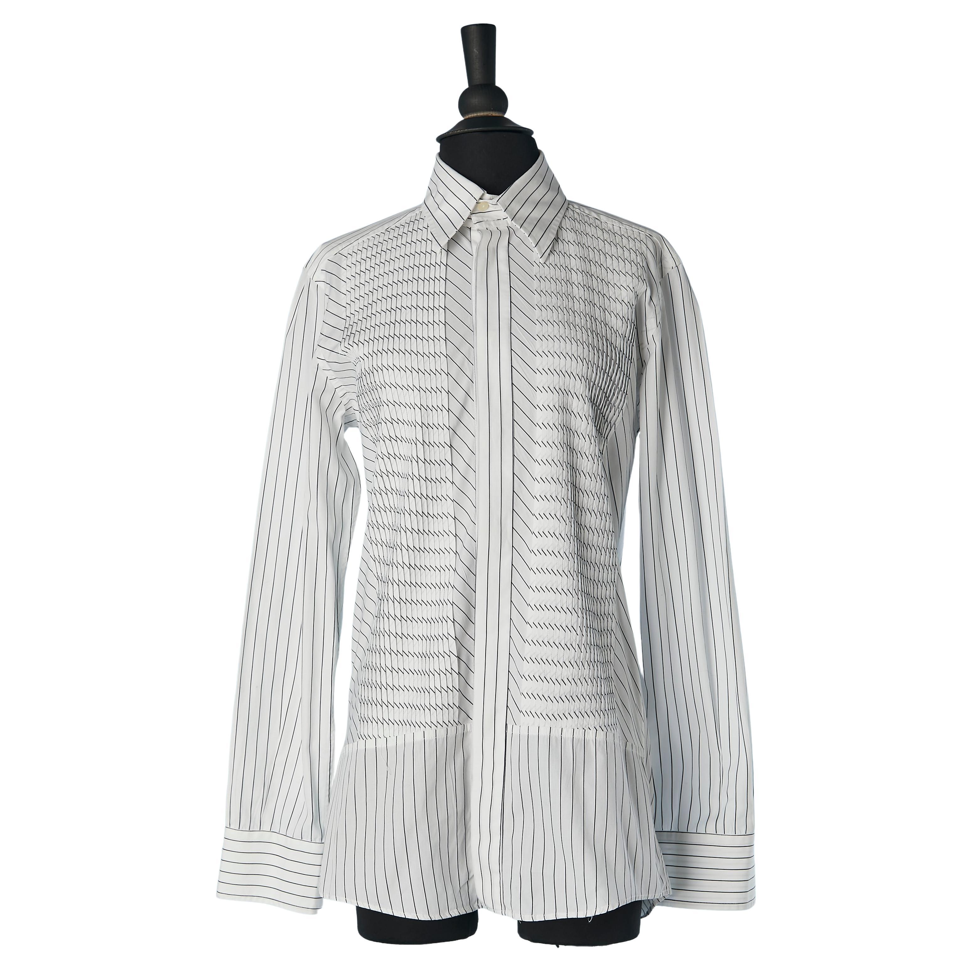 White cotton shirt with black pin-striped and pleated plastron Dolce & Gabbana For Sale