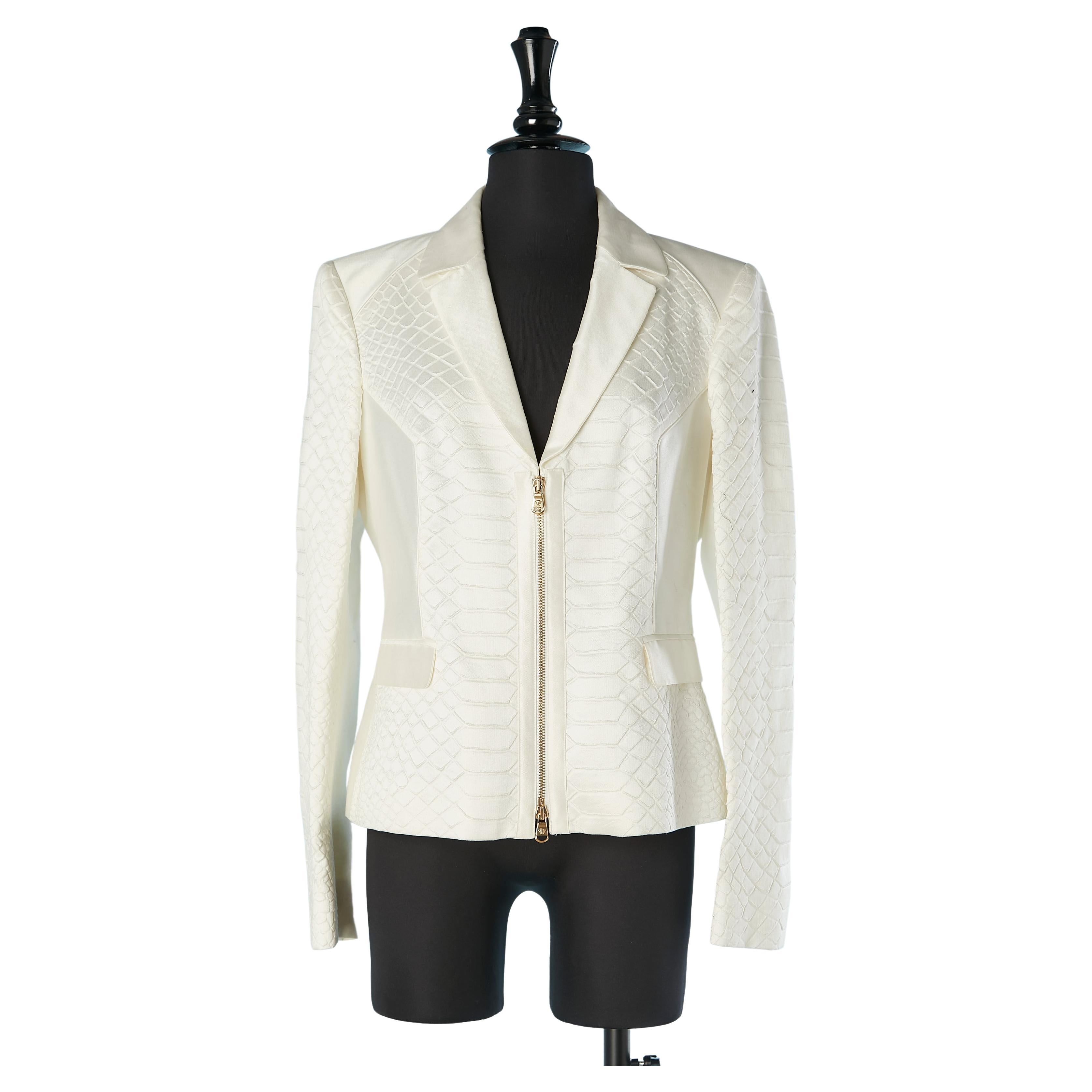 Versace - Veste en coton et soie blanche avec motif de crocodile et fermeture éclair dorée