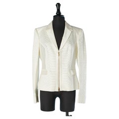 White cotton & silk jacket with crocodile pattern and gold zip Versace 