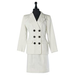 Vintage White cotton skirt suit with black buttons Yves Saint Laurent Rive Gauche 