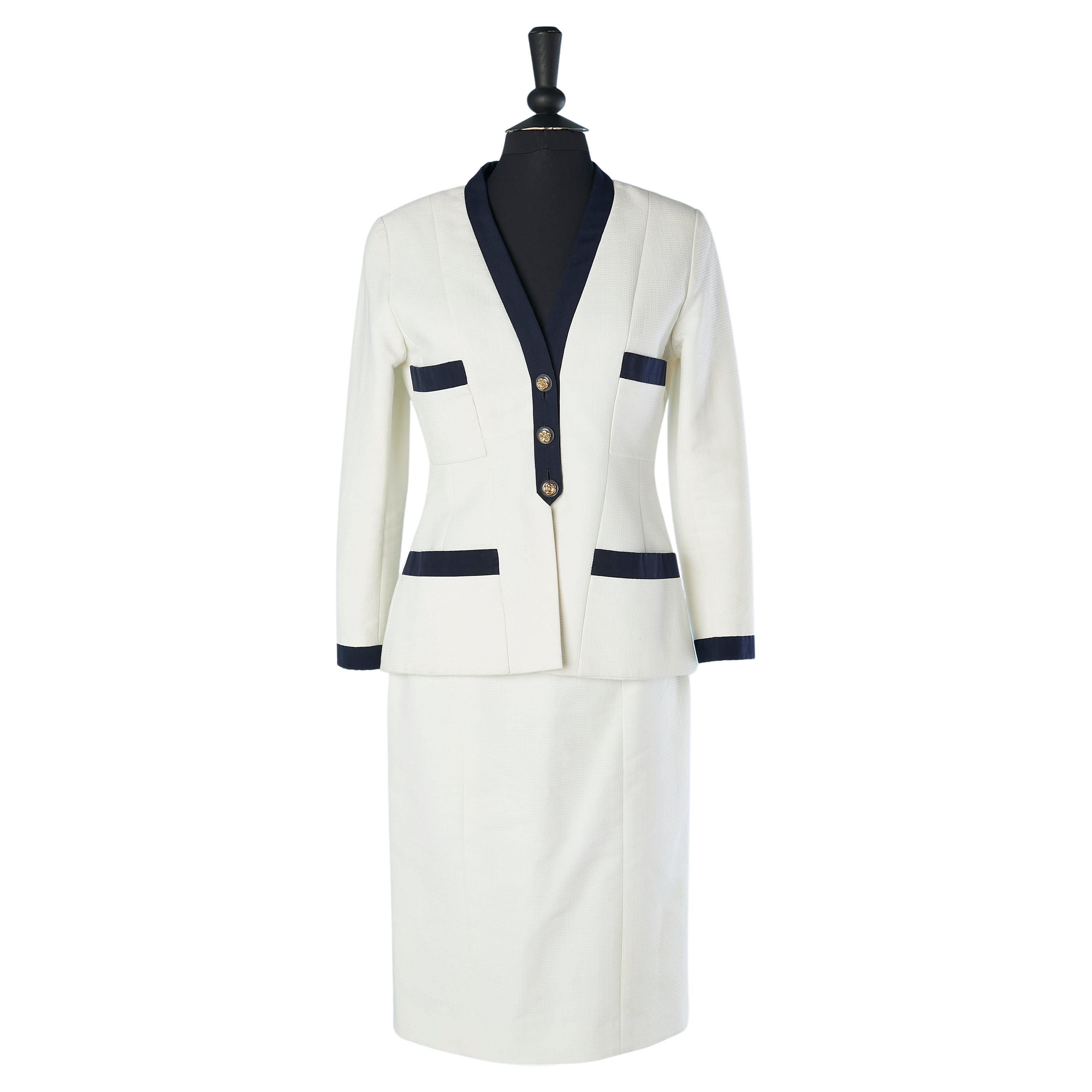 White cotton skirt-suit with navy gros-grain piping and camellia's button Chanel For Sale
