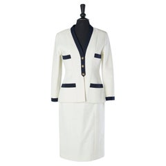 White cotton skirt-suit with navy gros-grain piping and camellia's button Chanel