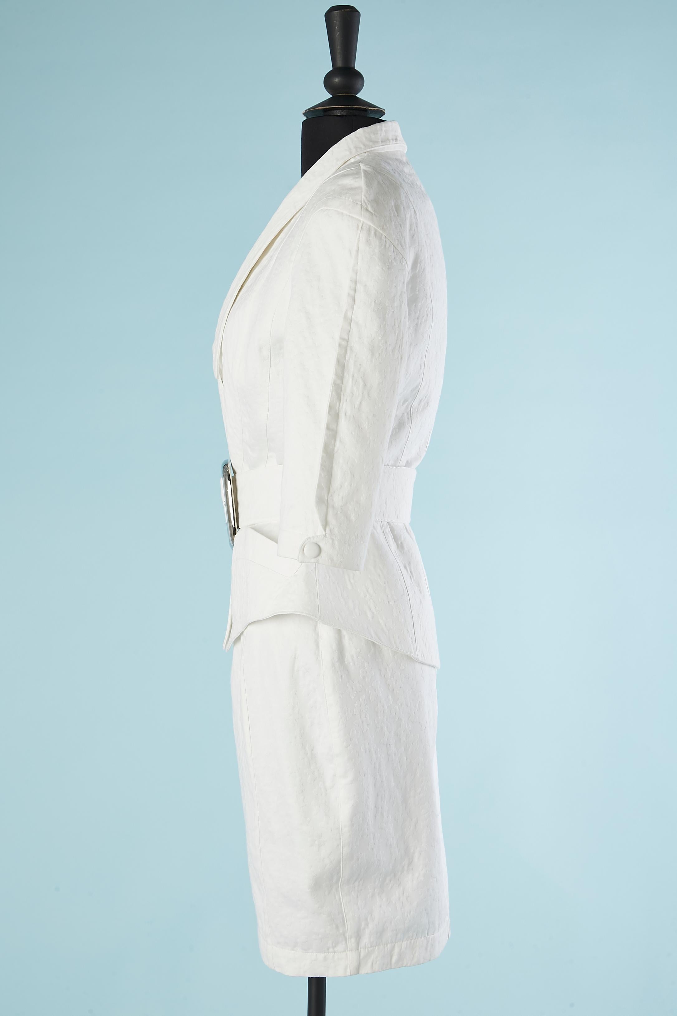 White cotton skirt-suit with relief flower pattern and belt Thierry Mugler  For Sale 2