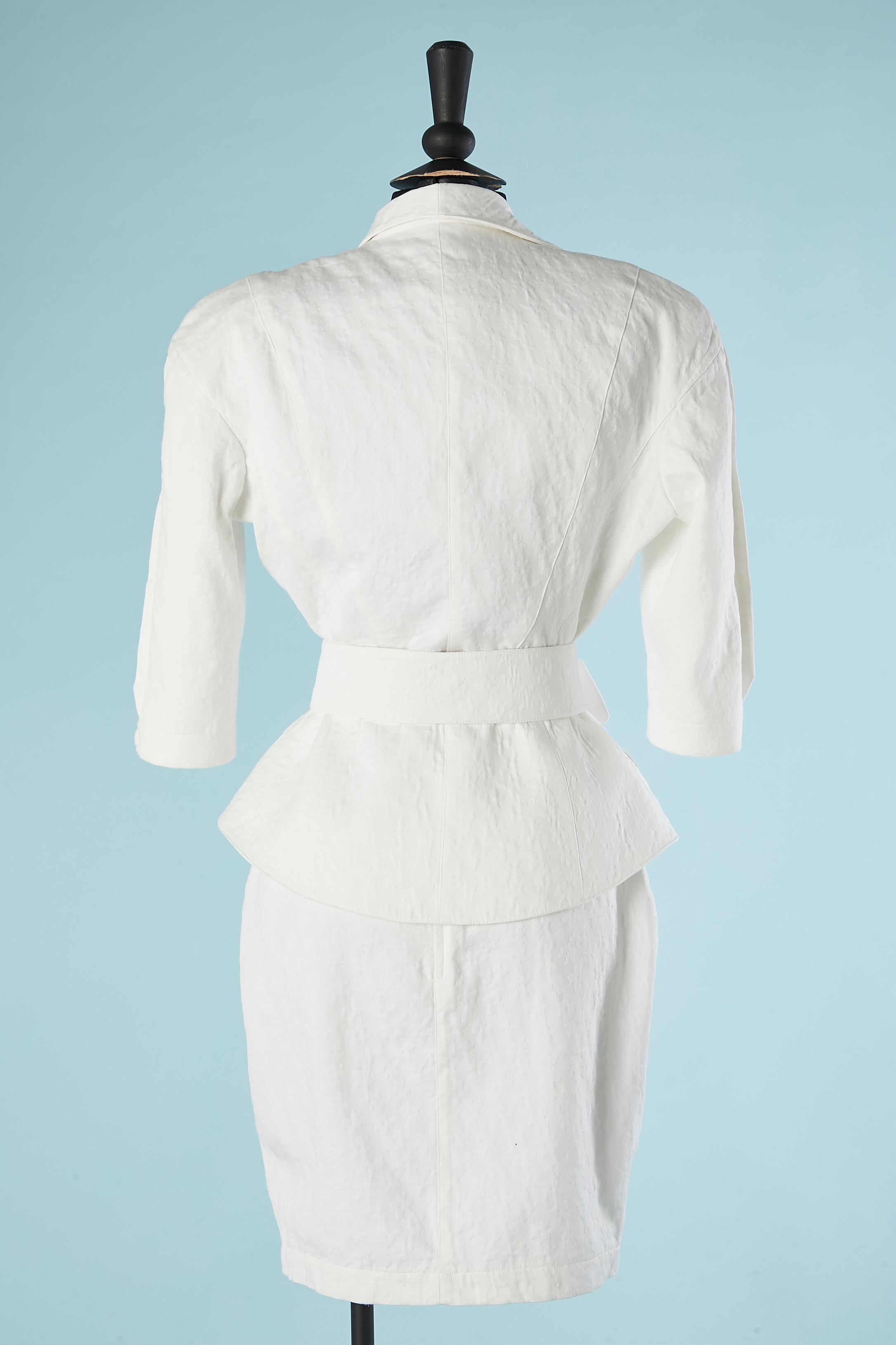 White cotton skirt-suit with relief flower pattern and belt Thierry Mugler  For Sale 3