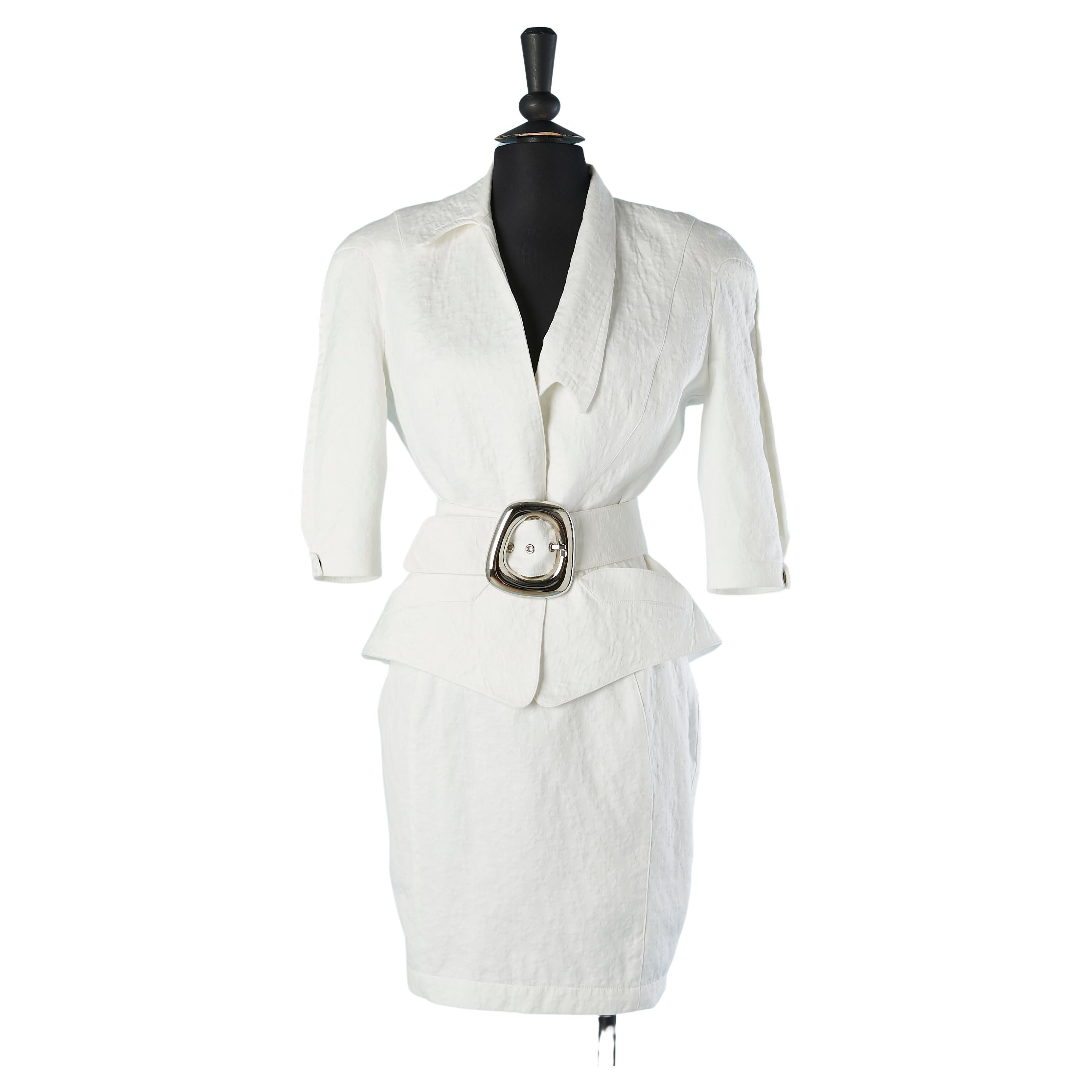 White cotton skirt-suit with relief flower pattern and belt Thierry Mugler  For Sale
