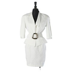 Retro White cotton skirt-suit with relief flower pattern and belt Thierry Mugler 
