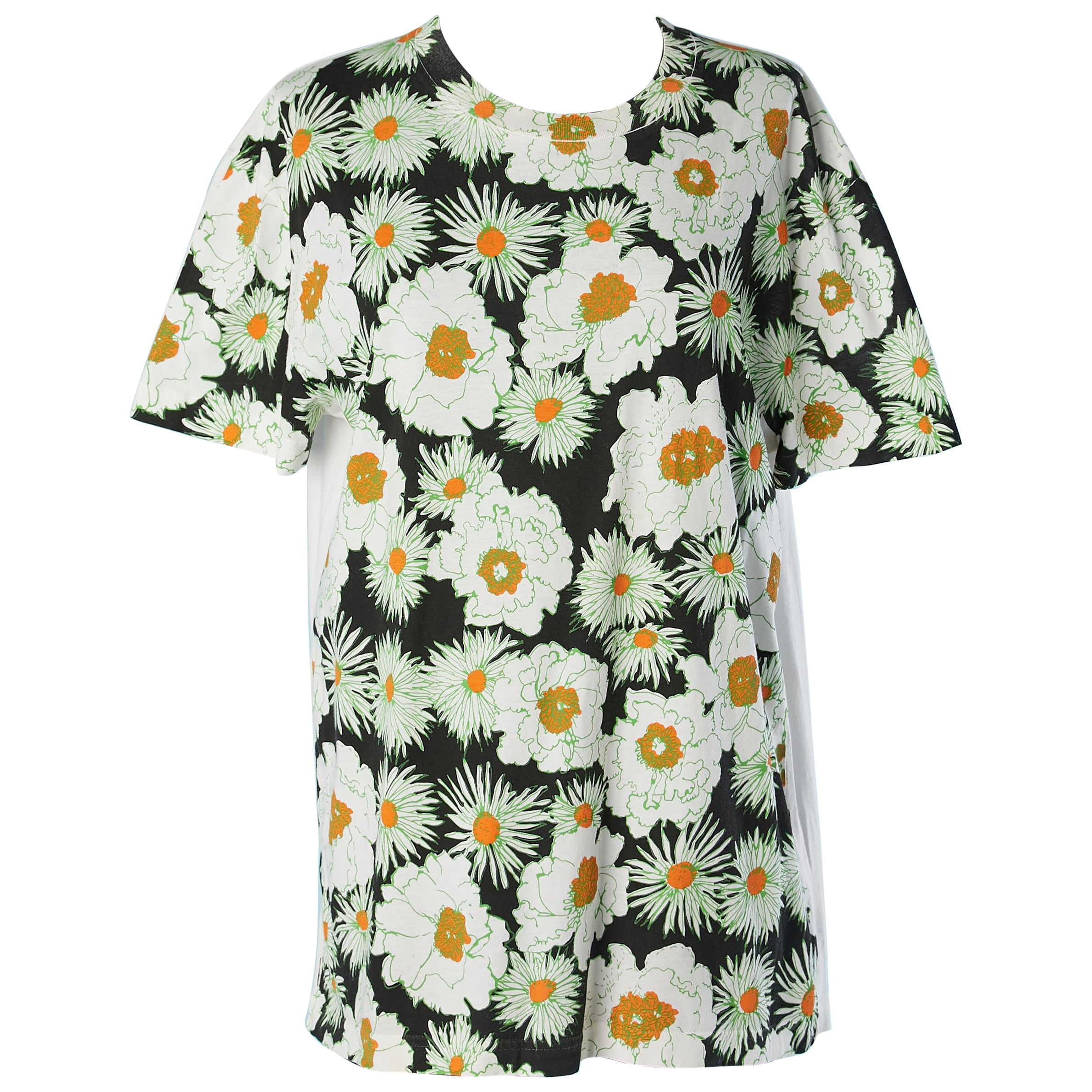 T-shirt en coton blanc avec imprimé floral PRADA en vente