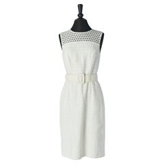Weißes ärmelloses Kleid aus Baumwoll-Tweed mit Gürtel OSCAR DE LA RENTA