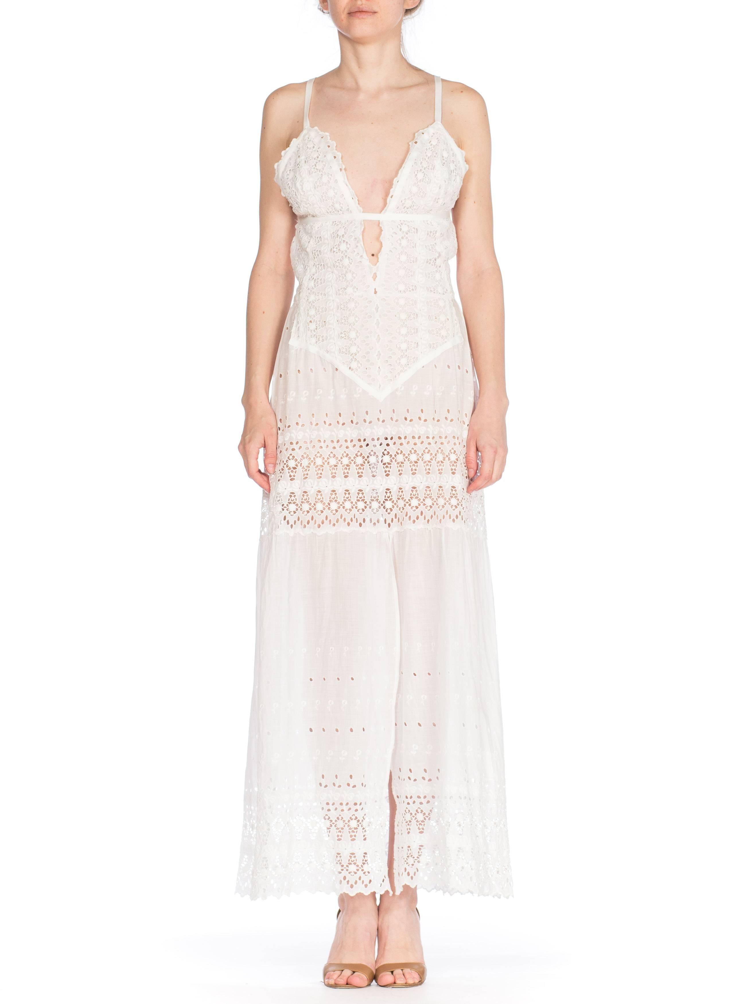 Gray White Cotton Victorian Eyelet  Embroidered Lace Maxi Dress