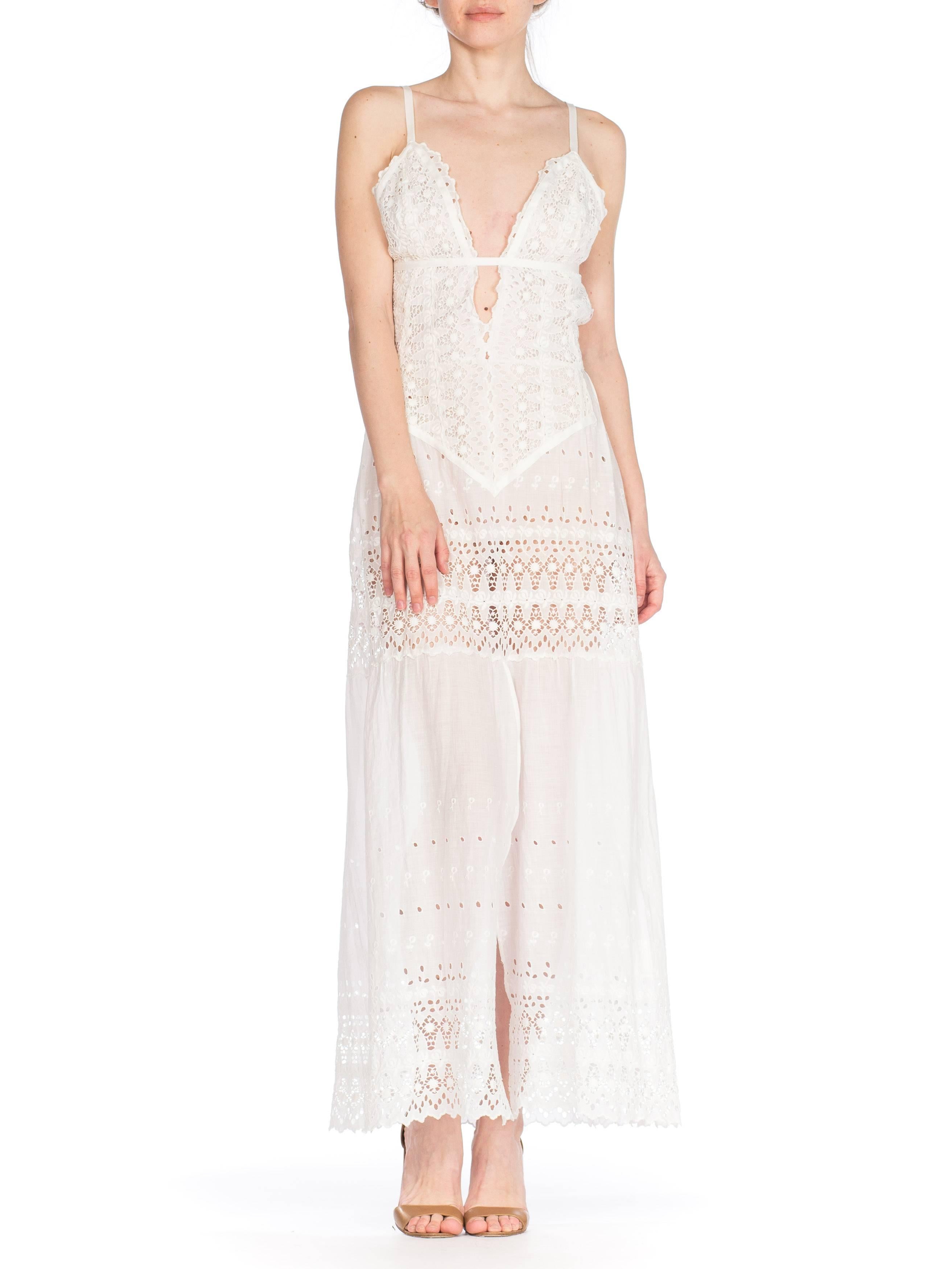 White Cotton Victorian Eyelet  Embroidered Lace Maxi Dress In Excellent Condition In New York, NY