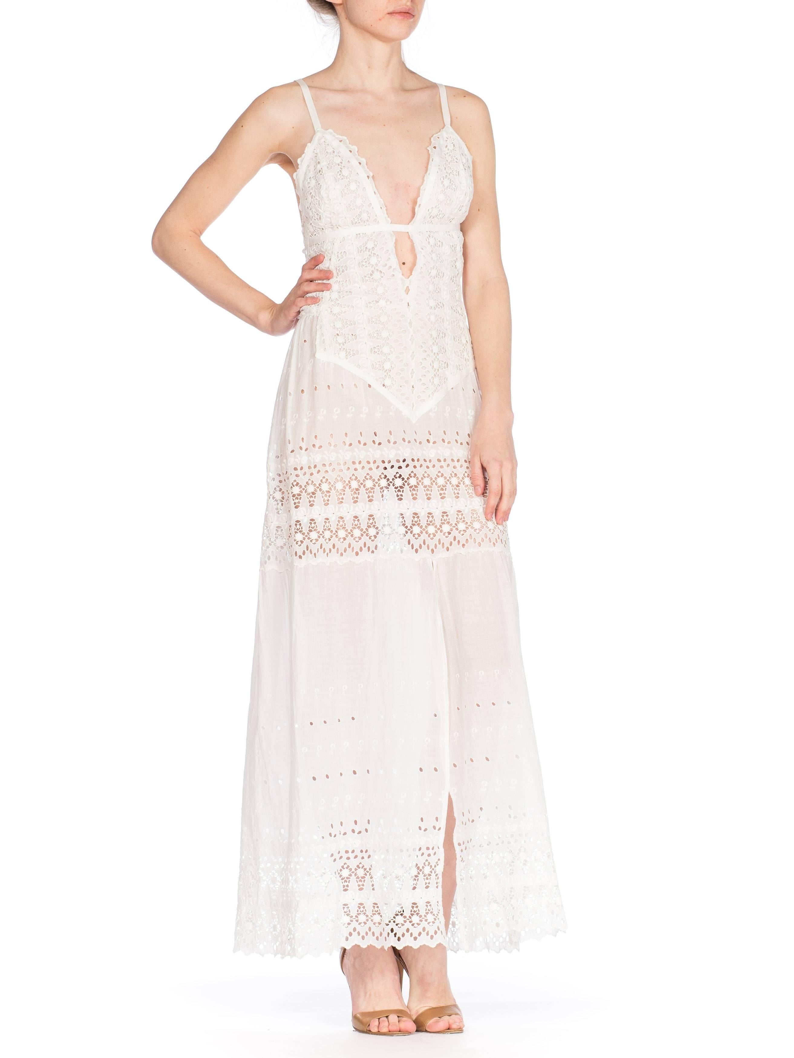 Women's White Cotton Victorian Eyelet  Embroidered Lace Maxi Dress