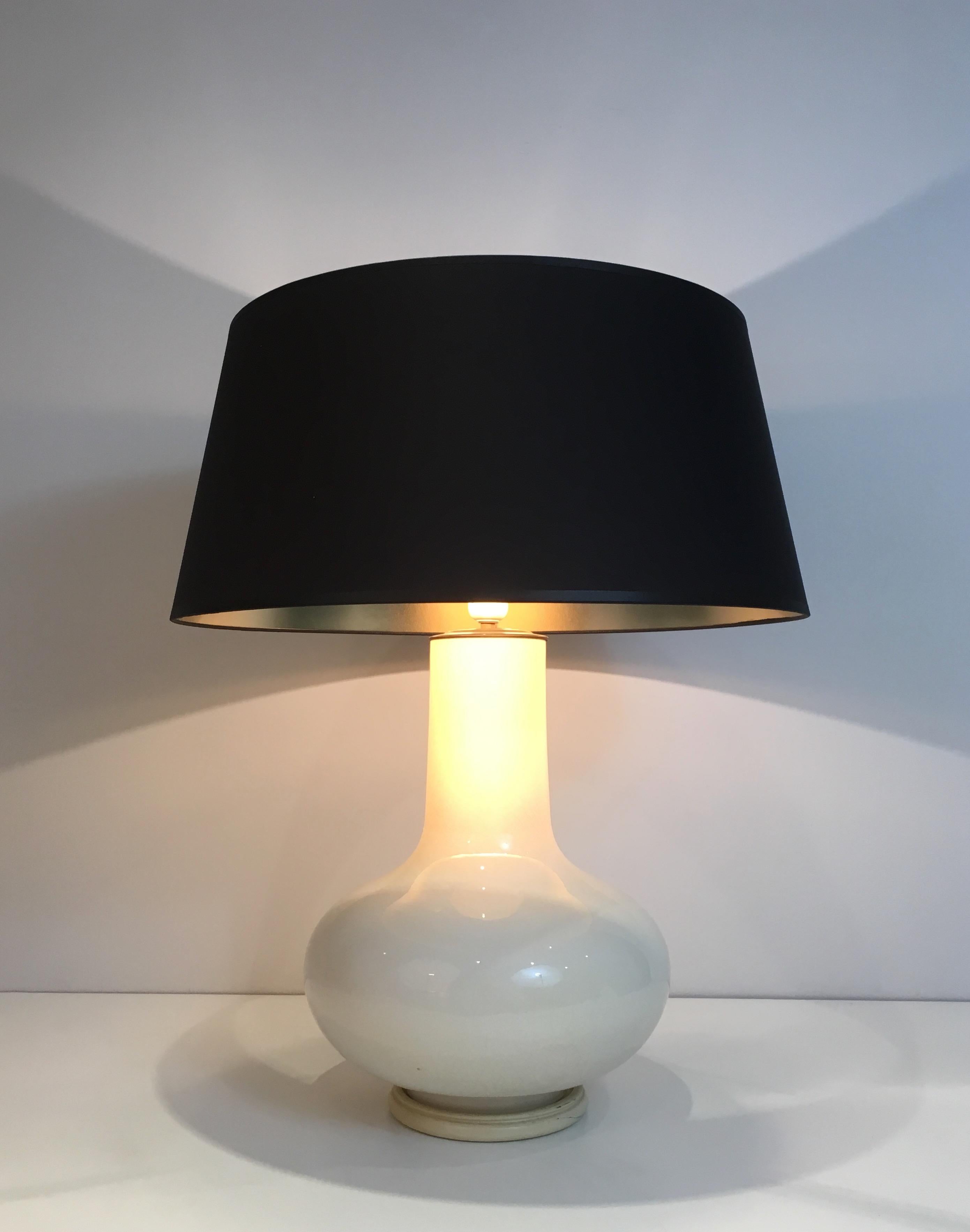 White Crackled Ceramic Table Lamp with Black Shade Gilt Inside French circa 1970 7