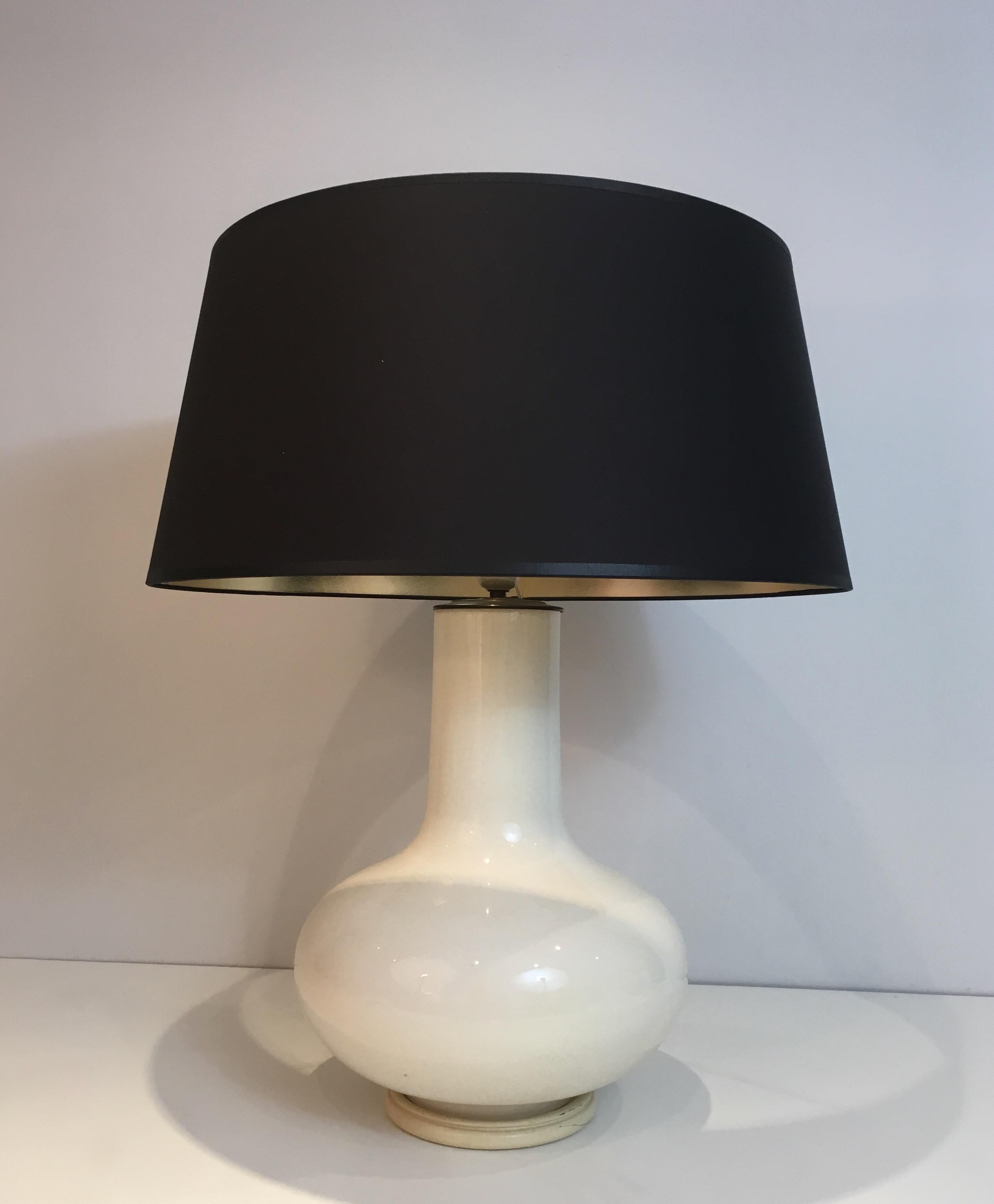 White Crackled Ceramic Table Lamp with Black Shade Gilt Inside French circa 1970 8
