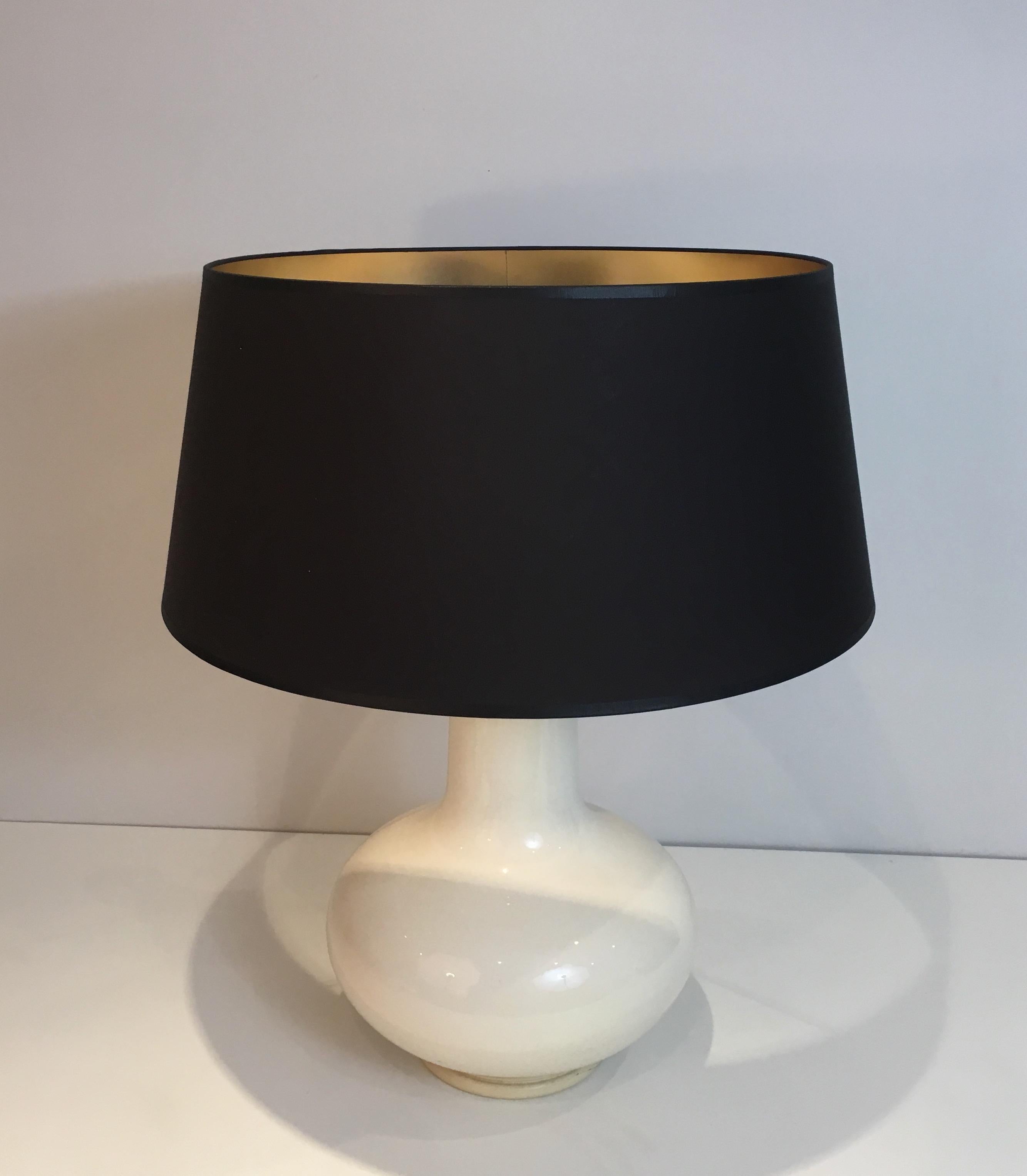 White Crackled Ceramic Table Lamp with Black Shade Gilt Inside French circa 1970 9