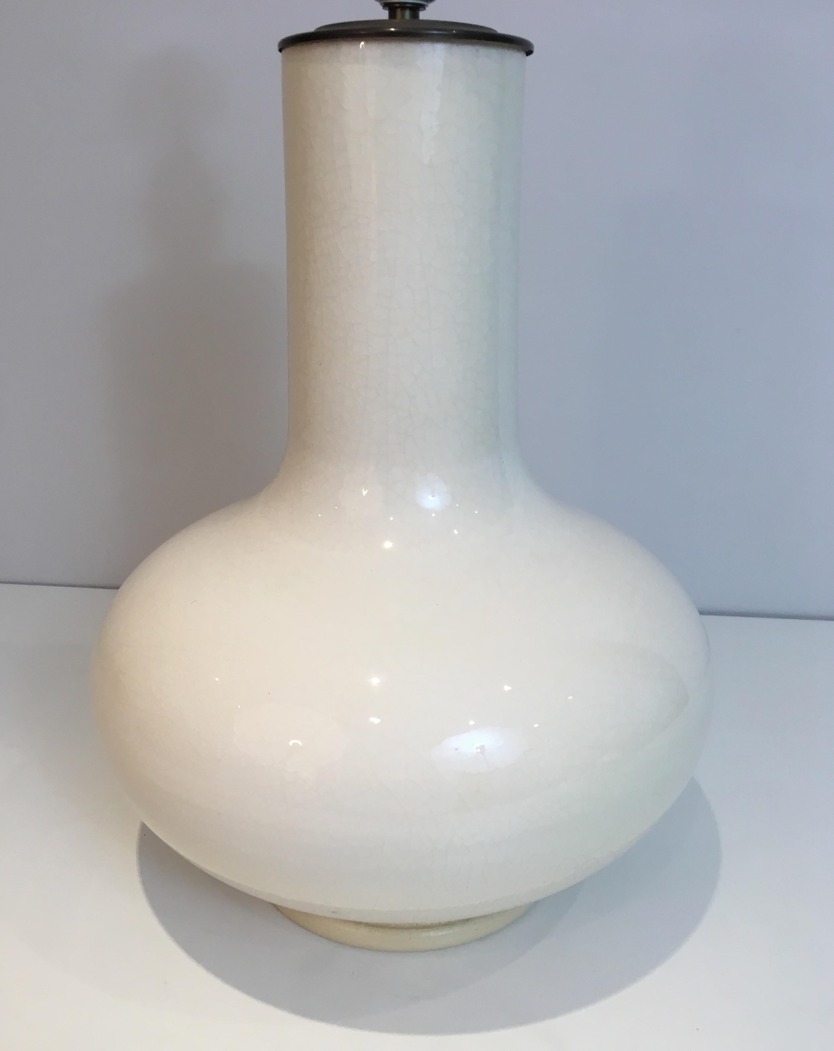 White Crackled Ceramic Table Lamp with Black Shade Gilt Inside French circa 1970 13