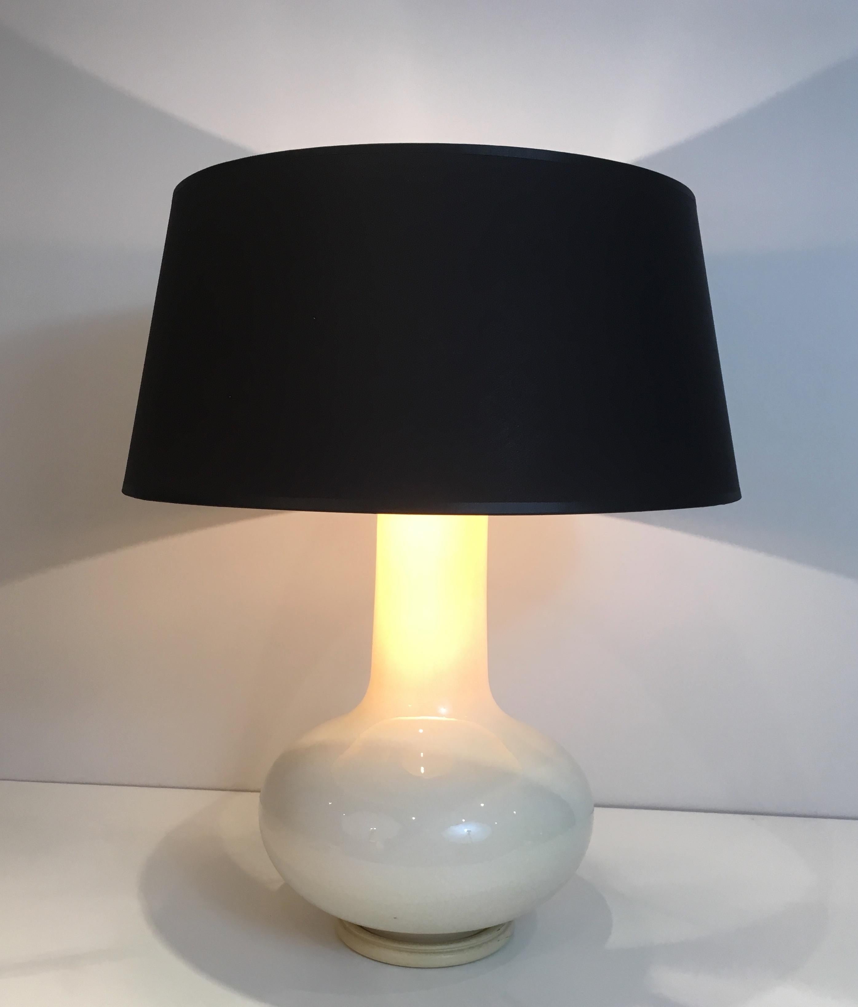 White Crackled Ceramic Table Lamp with Black Shade Gilt Inside French circa 1970 14