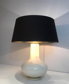 White Crackled Ceramic Table Lamp with Black Shade Gilt Inside French circa 1970