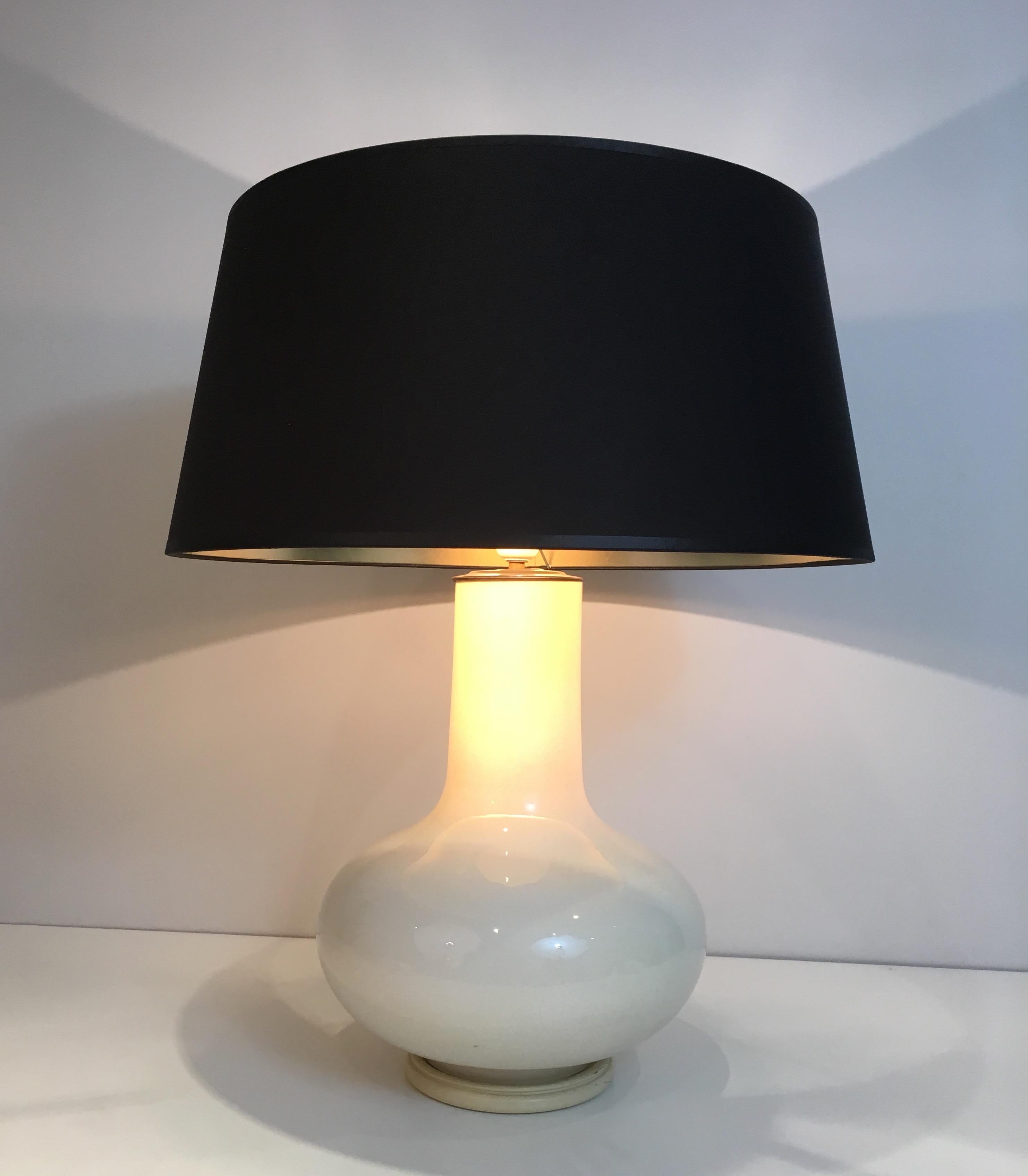 White Crackled Ceramic Table Lamp with Black Shade Gilt Inside French circa 1970 15