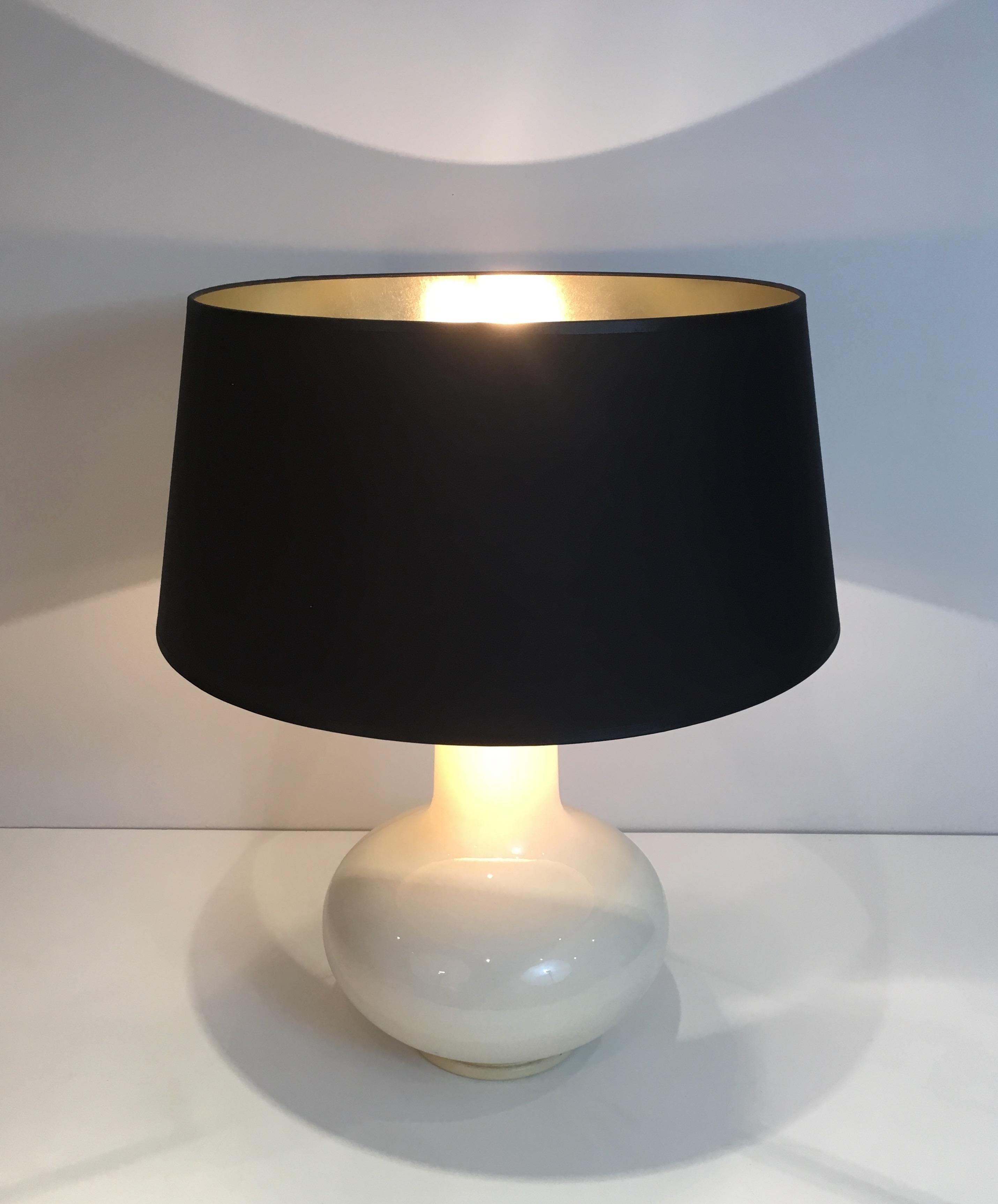 Mid-Century Modern White Crackled Ceramic Table Lamp with Black Shade Gilt Inside French circa 1970