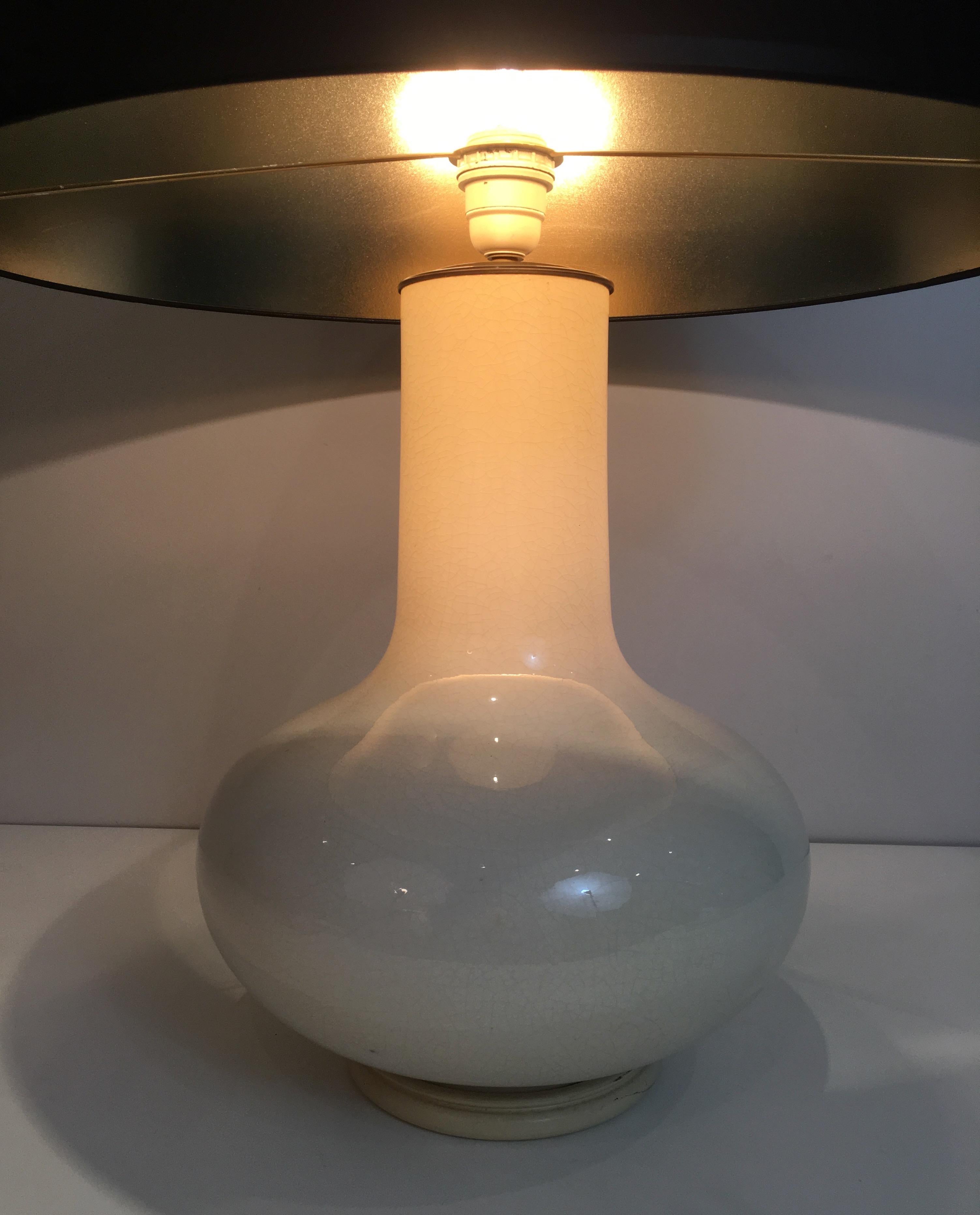 Late 20th Century White Crackled Ceramic Table Lamp with Black Shade Gilt Inside French circa 1970