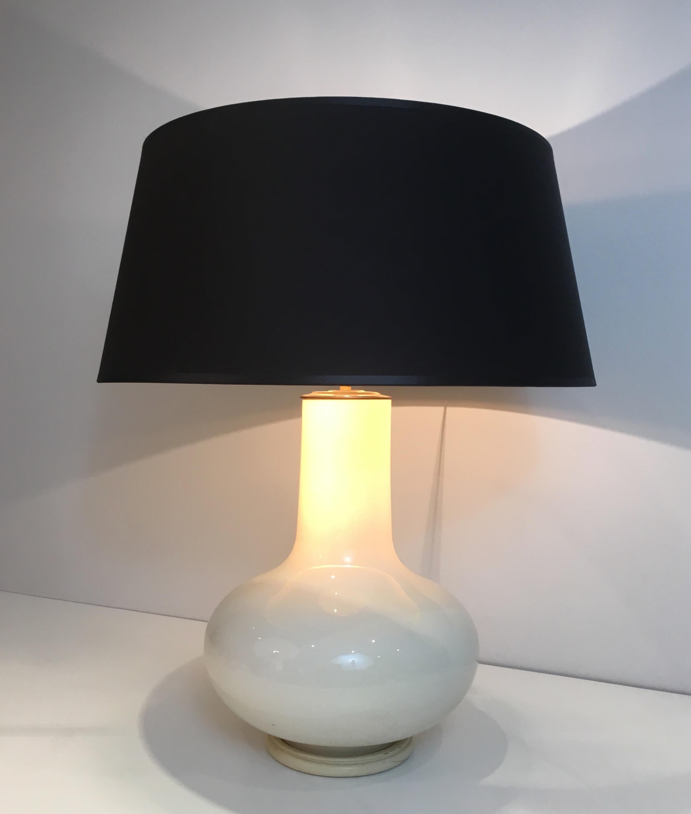 White Crackled Ceramic Table Lamp with Black Shade Gilt Inside French circa 1970 4