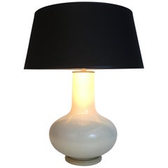 White Crackled Ceramic Table Lamp with Black Shade Gilt Inside French circa 1970