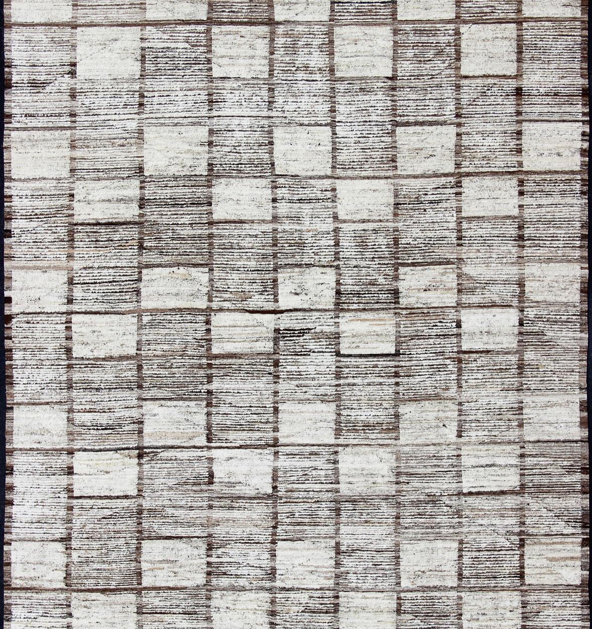 Afghan White, Cream and Brown Casual Modern Checkered Design Large Modern Rug For Sale