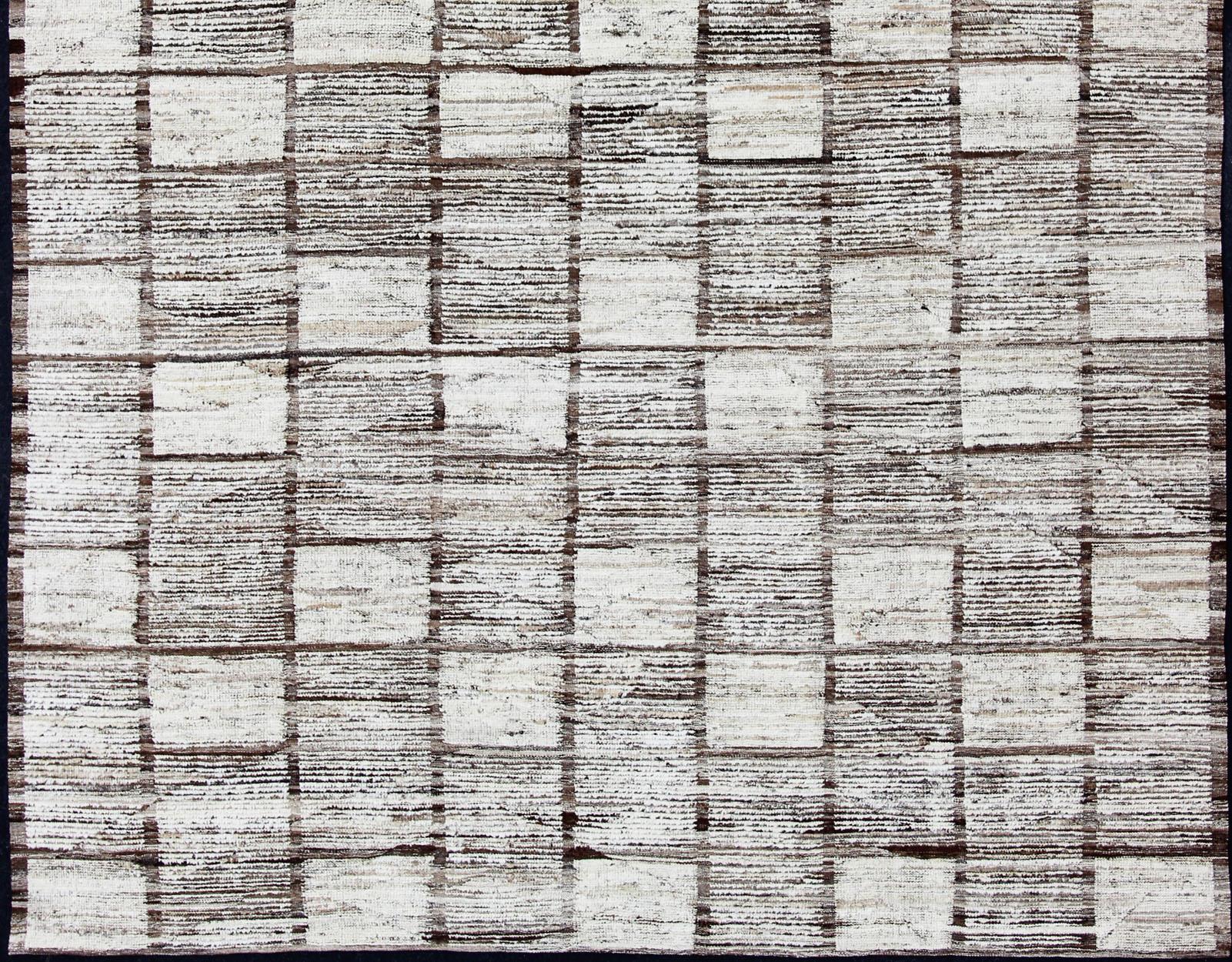 Hand-Knotted White, Cream and Brown Casual Modern Checkered Design Large Modern Rug For Sale