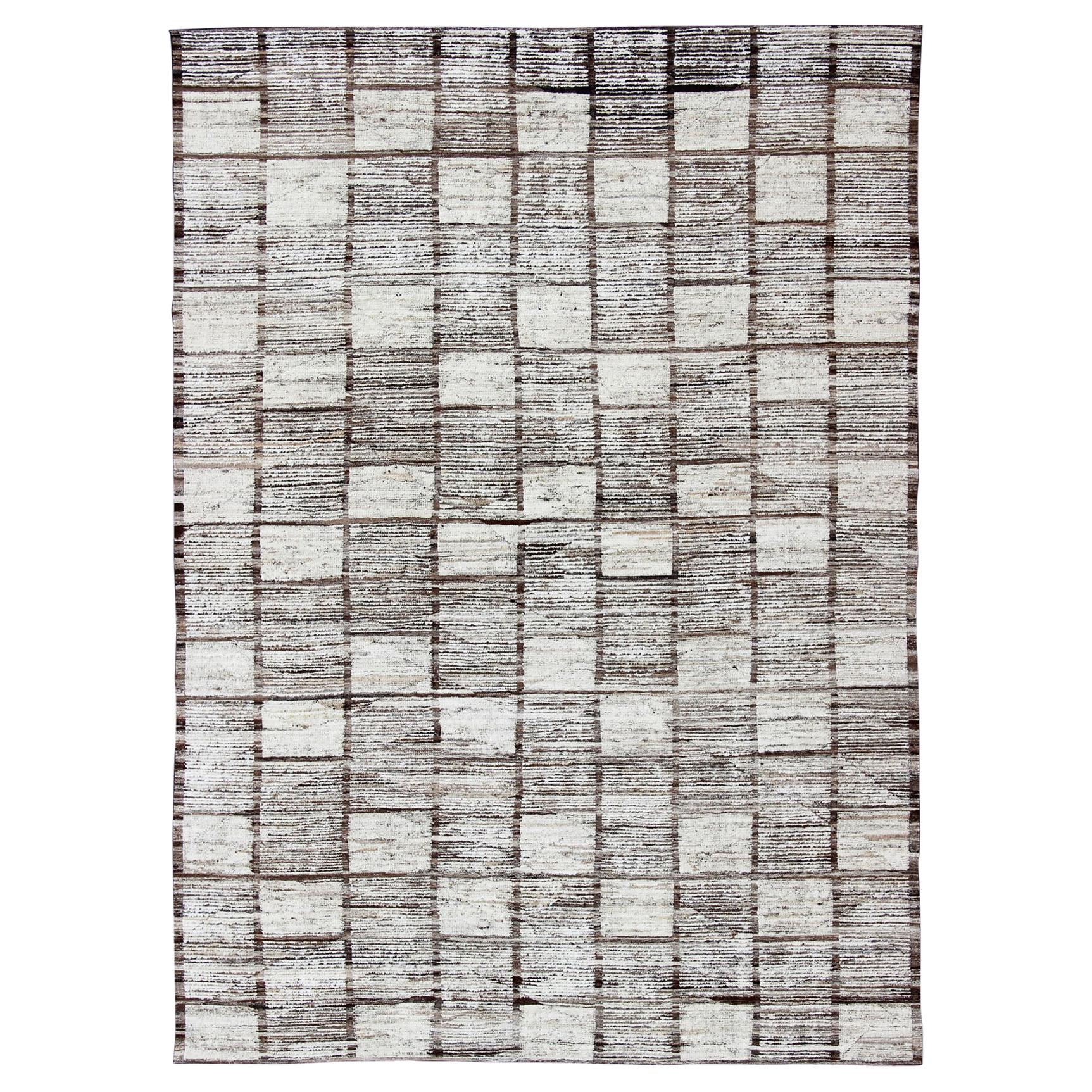 White, Cream and Brown Casual Modern Checkered Design Large Modern Rug