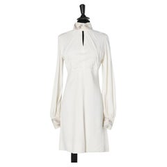 White crêpe cocktail dress with beaded collar and cuff 