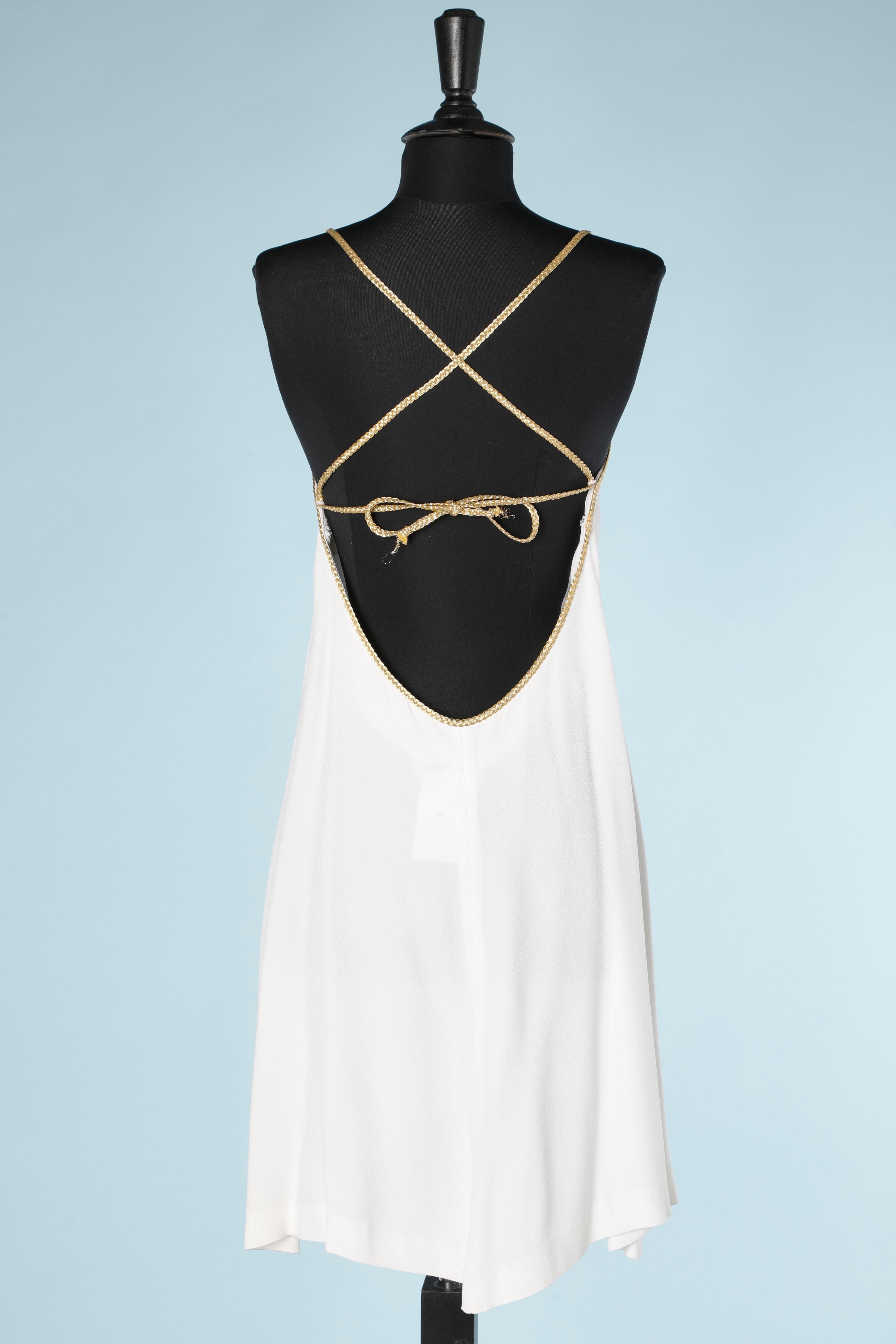 White crêpe dress with gold lurex braids shoulders straps YSL Variation  In Excellent Condition In Saint-Ouen-Sur-Seine, FR