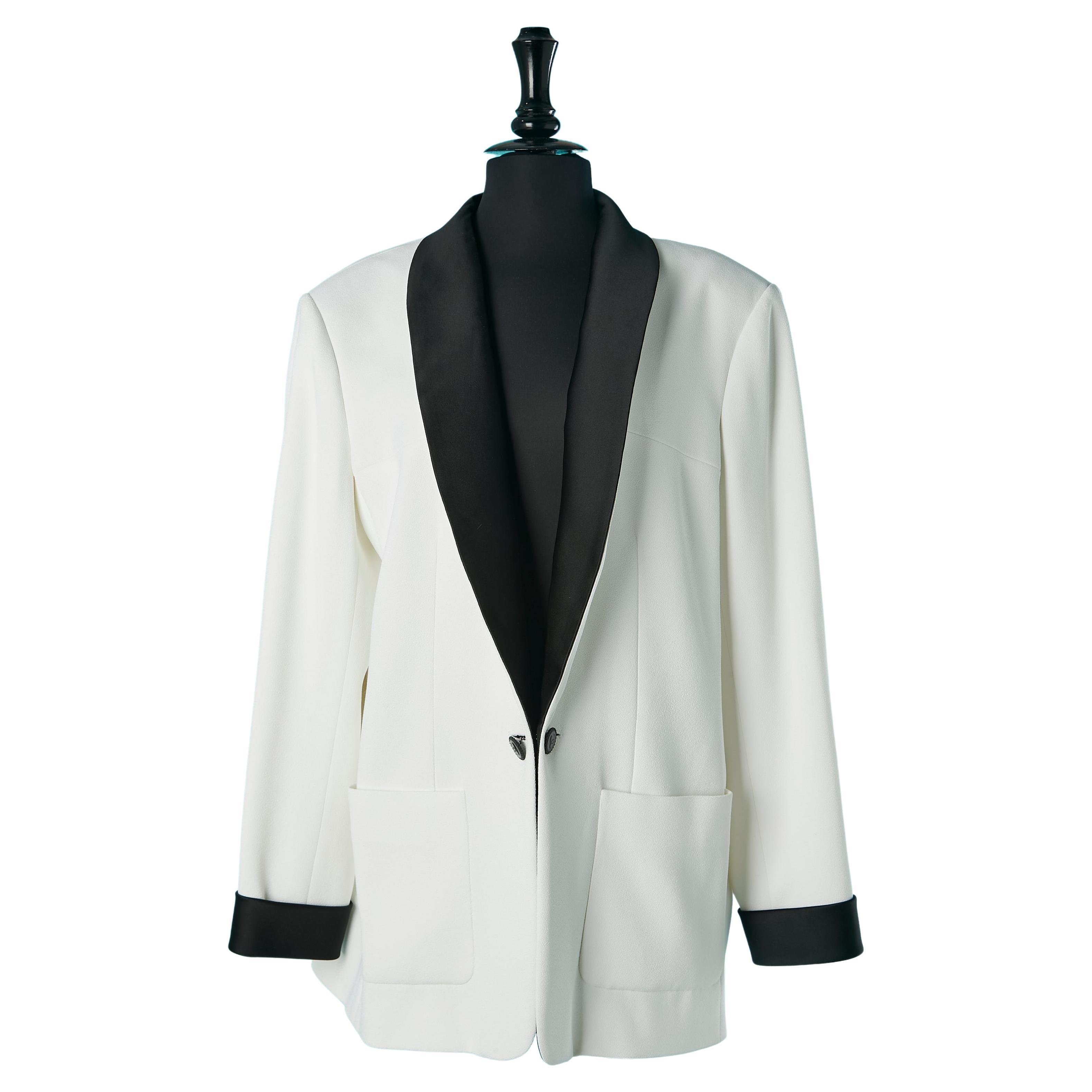 White crepe tuxedo jacket with black satin collar CHANEL New with tag  For Sale
