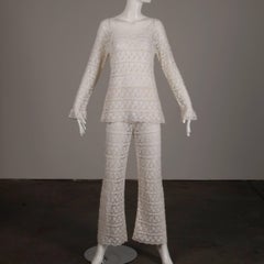 White Crochet Lace Vintage Bell Bottom Pants and Top Ensemble or Jumpsuit, 1970s