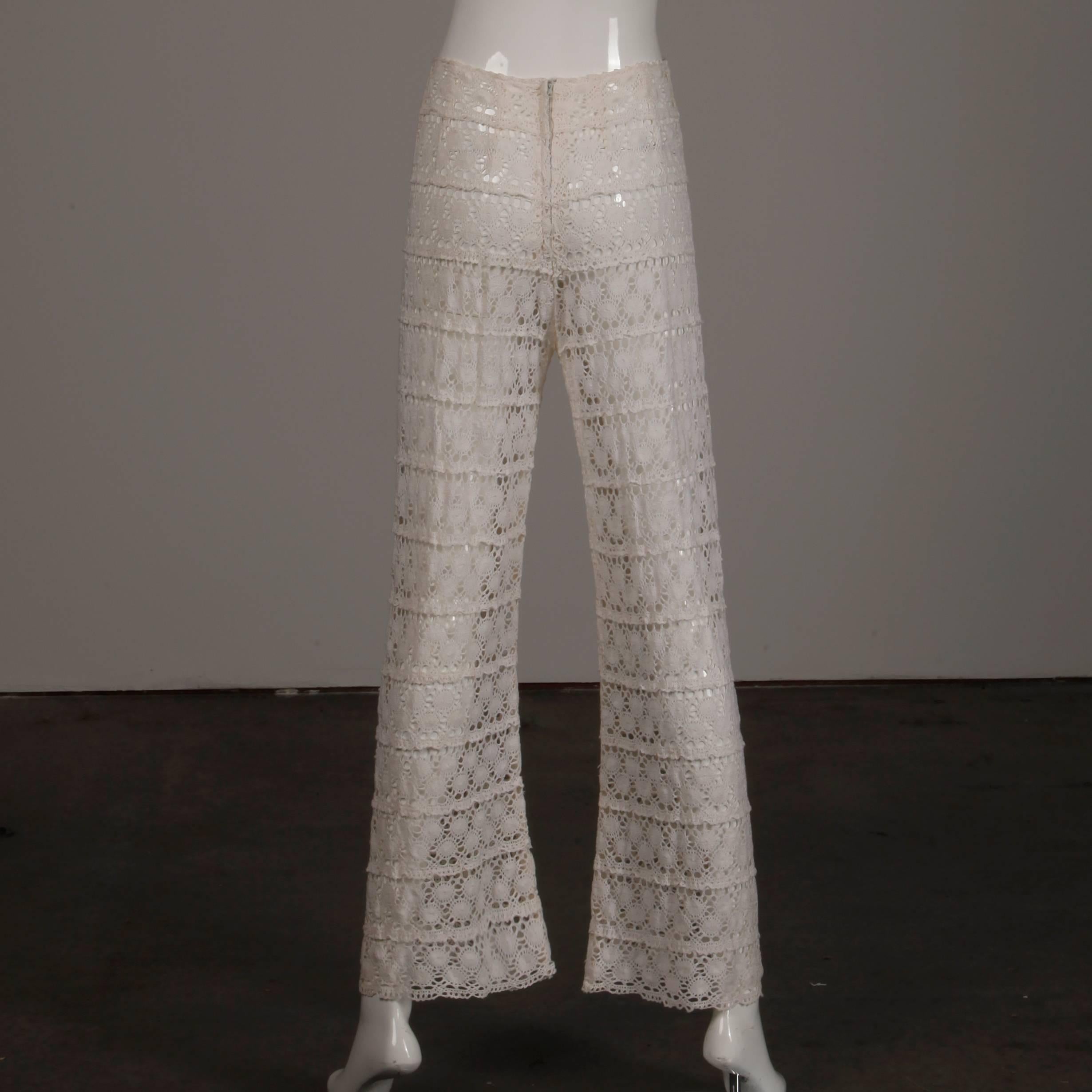 White Crochet Lace Vintage Bell Bottom Pants and Top Ensemble or Jumpsuit, 1970s In Excellent Condition In Sparks, NV
