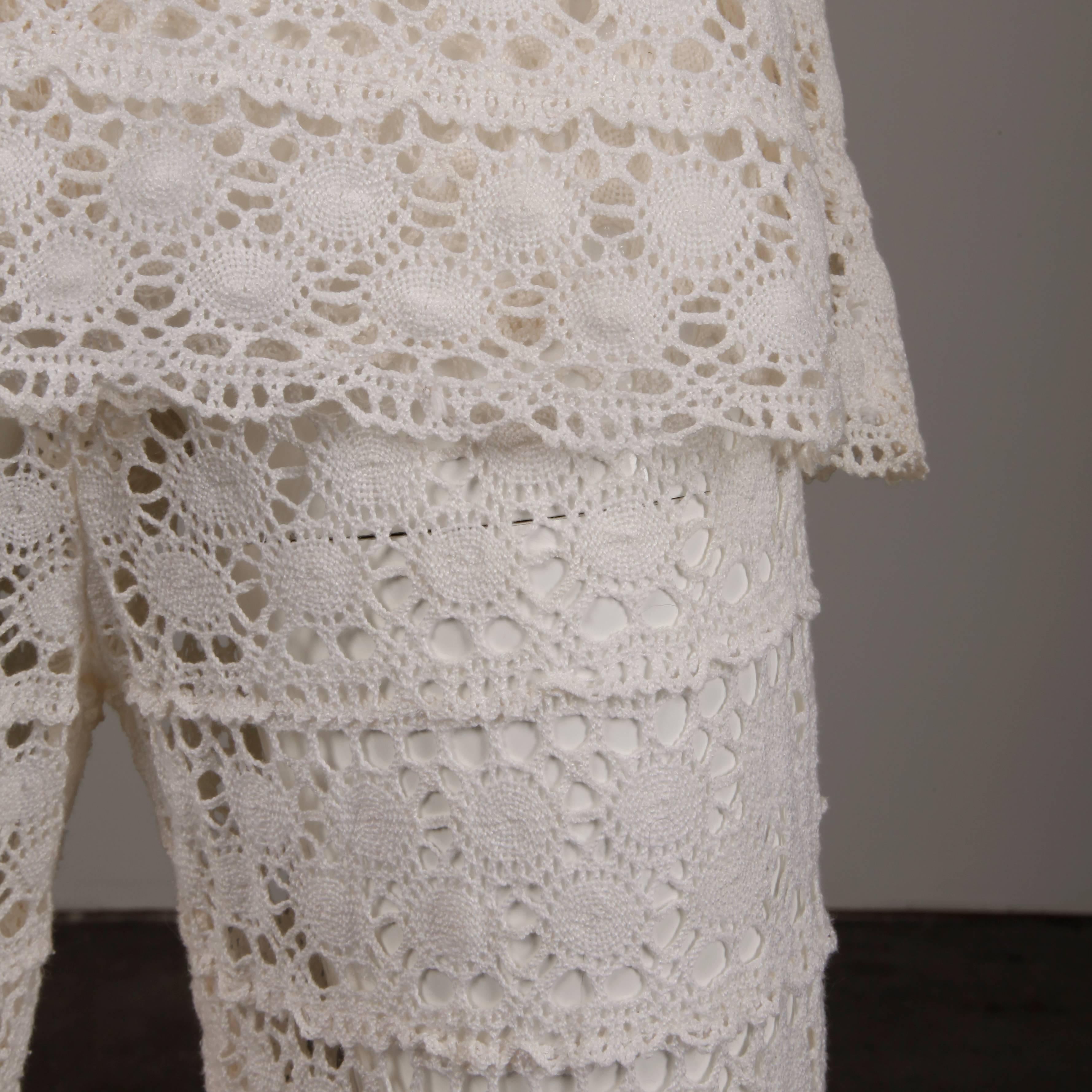 White Crochet Lace Vintage Bell Bottom Pants and Top Ensemble or Jumpsuit, 1970s 1