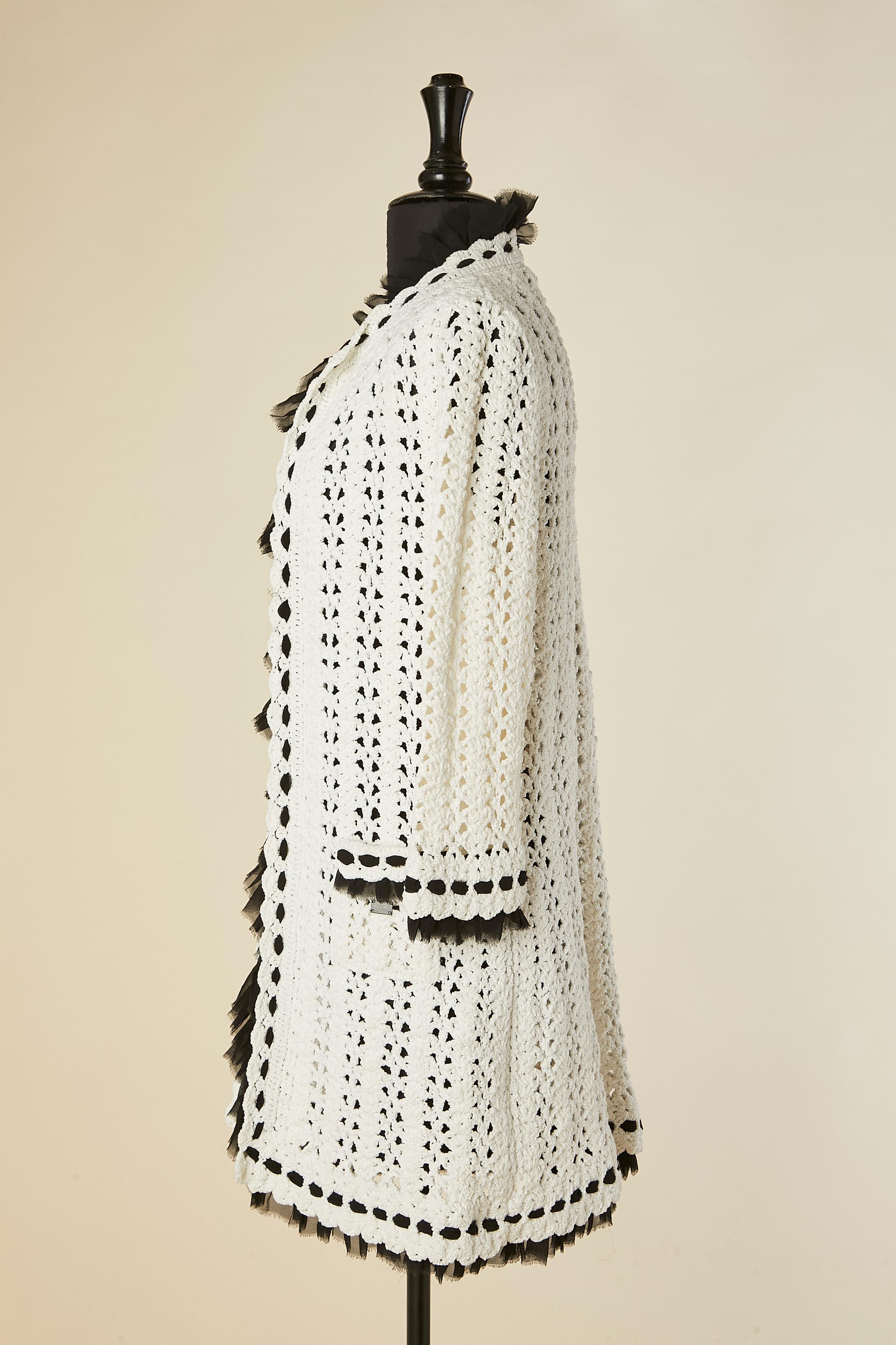 White crochet long cardigan with silk chiffon incrustation CHANEL For Sale 1