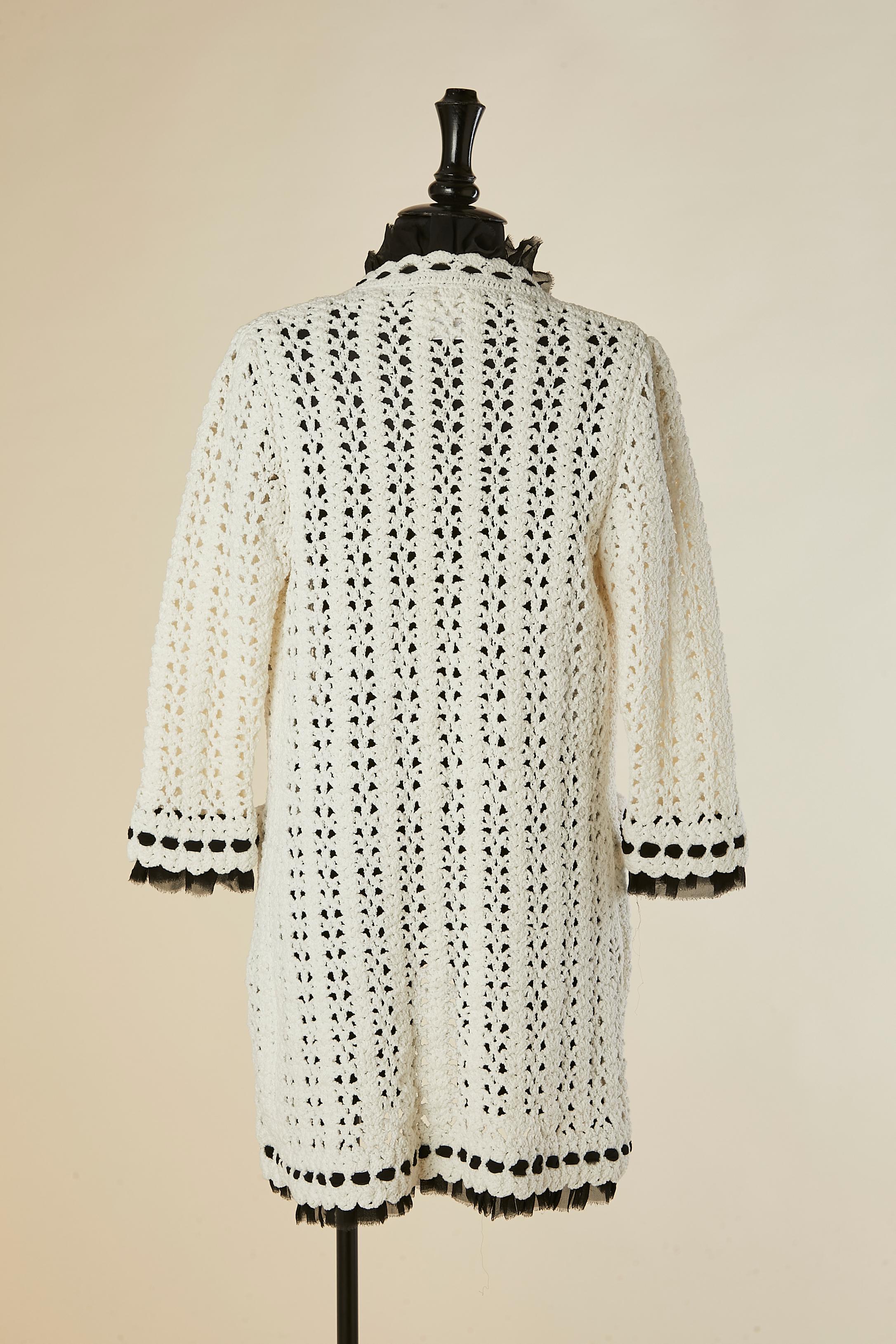 White crochet long cardigan with silk chiffon incrustation CHANEL For Sale 2