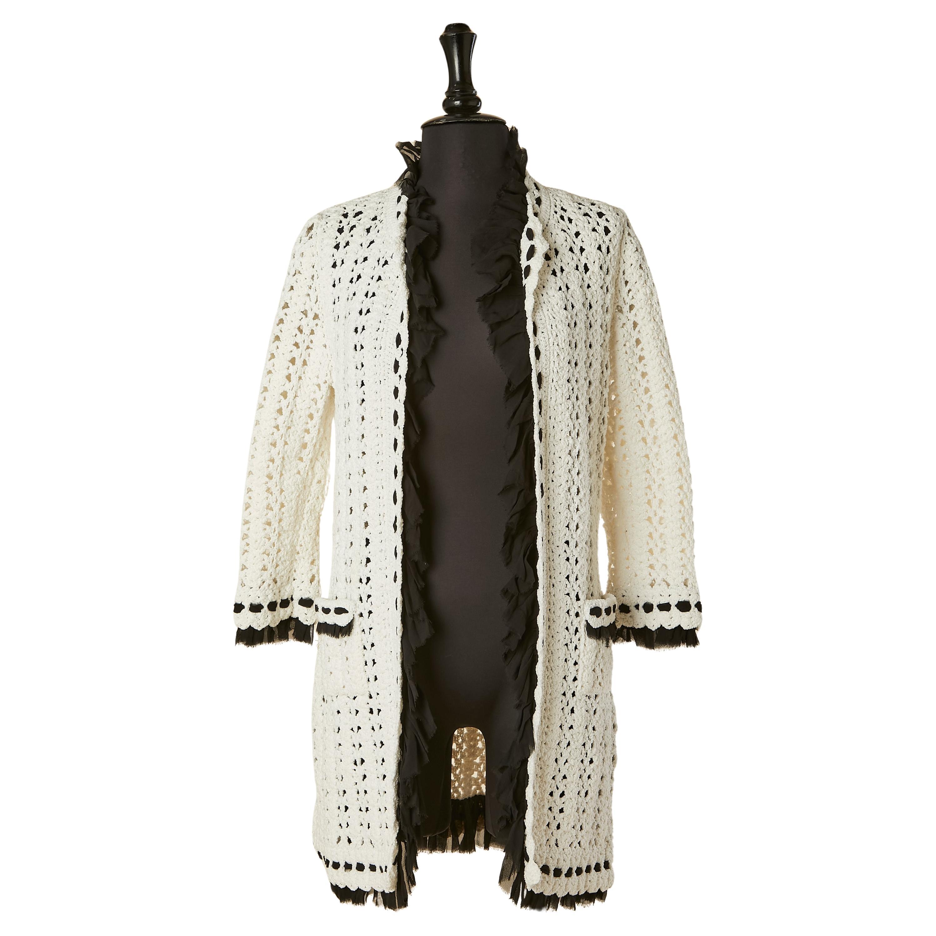 White crochet long cardigan with silk chiffon incrustation CHANEL For Sale