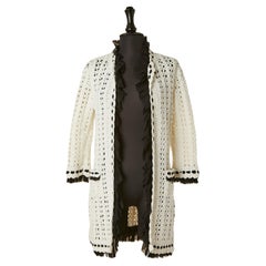 White crochet long cardigan with silk chiffon incrustation CHANEL