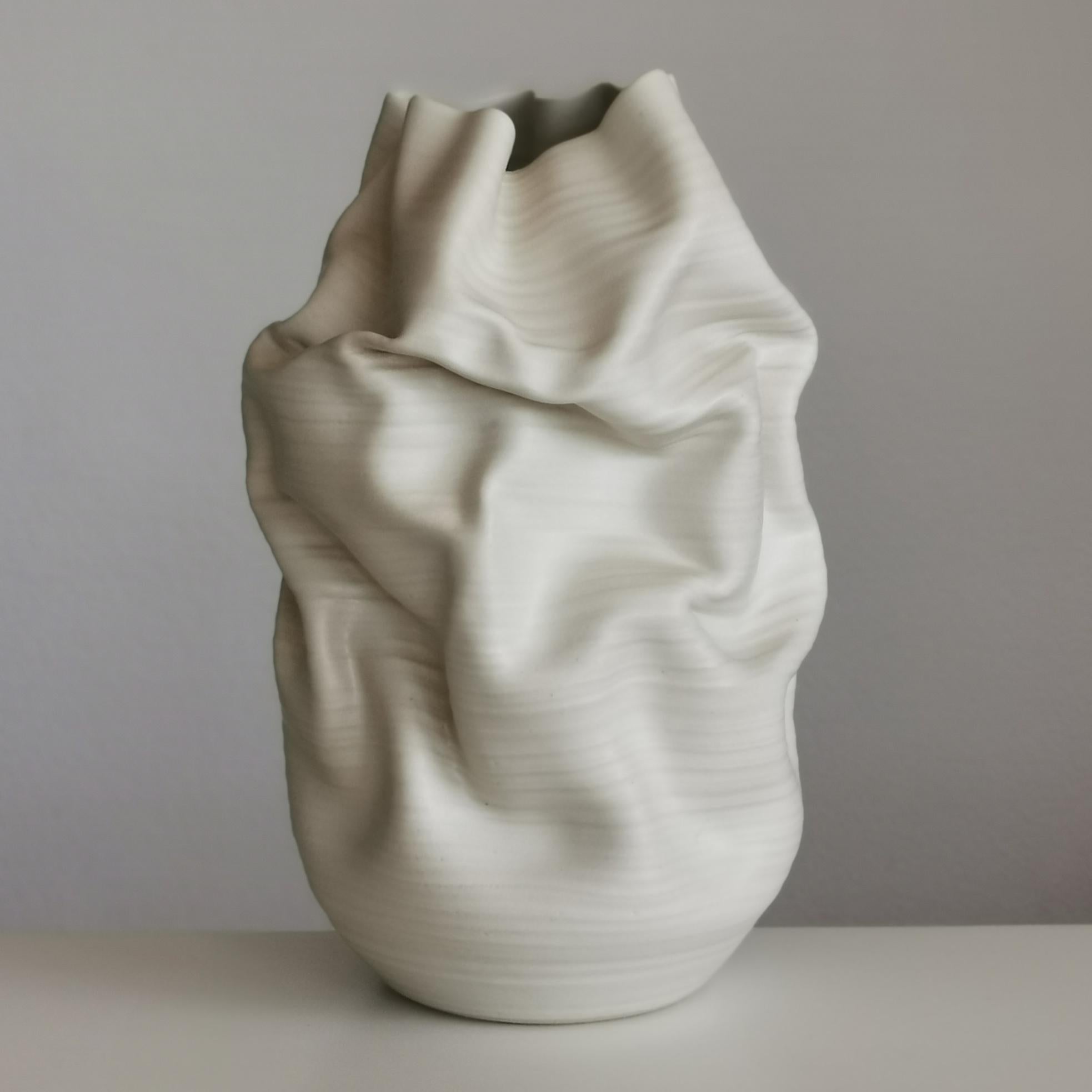 Organic Modern White Crumpled Form No 37, Ceramic Vessel by Nicholas Arroyave-Portela