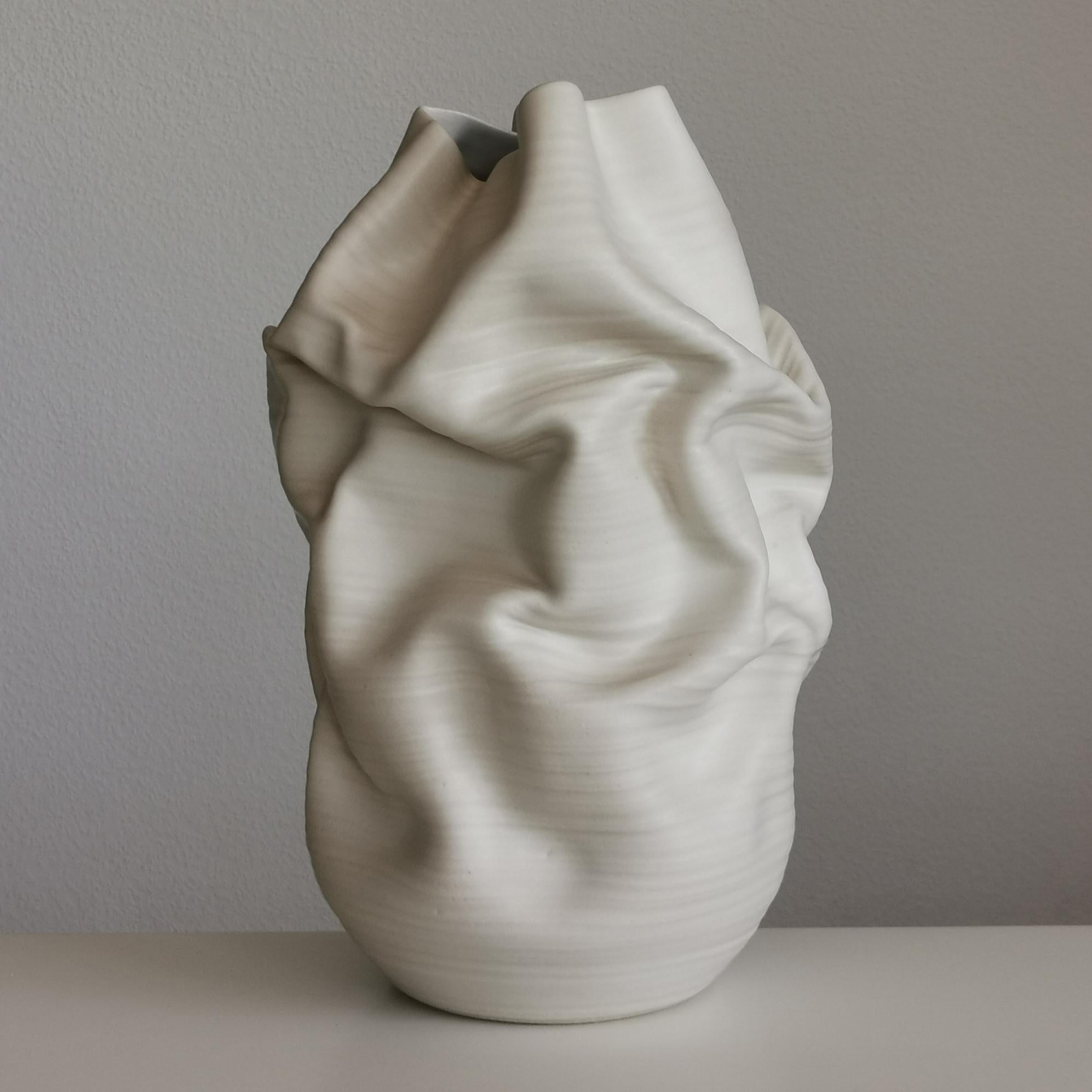 Hand-Crafted White Crumpled Form No 37, Ceramic Vessel by Nicholas Arroyave-Portela