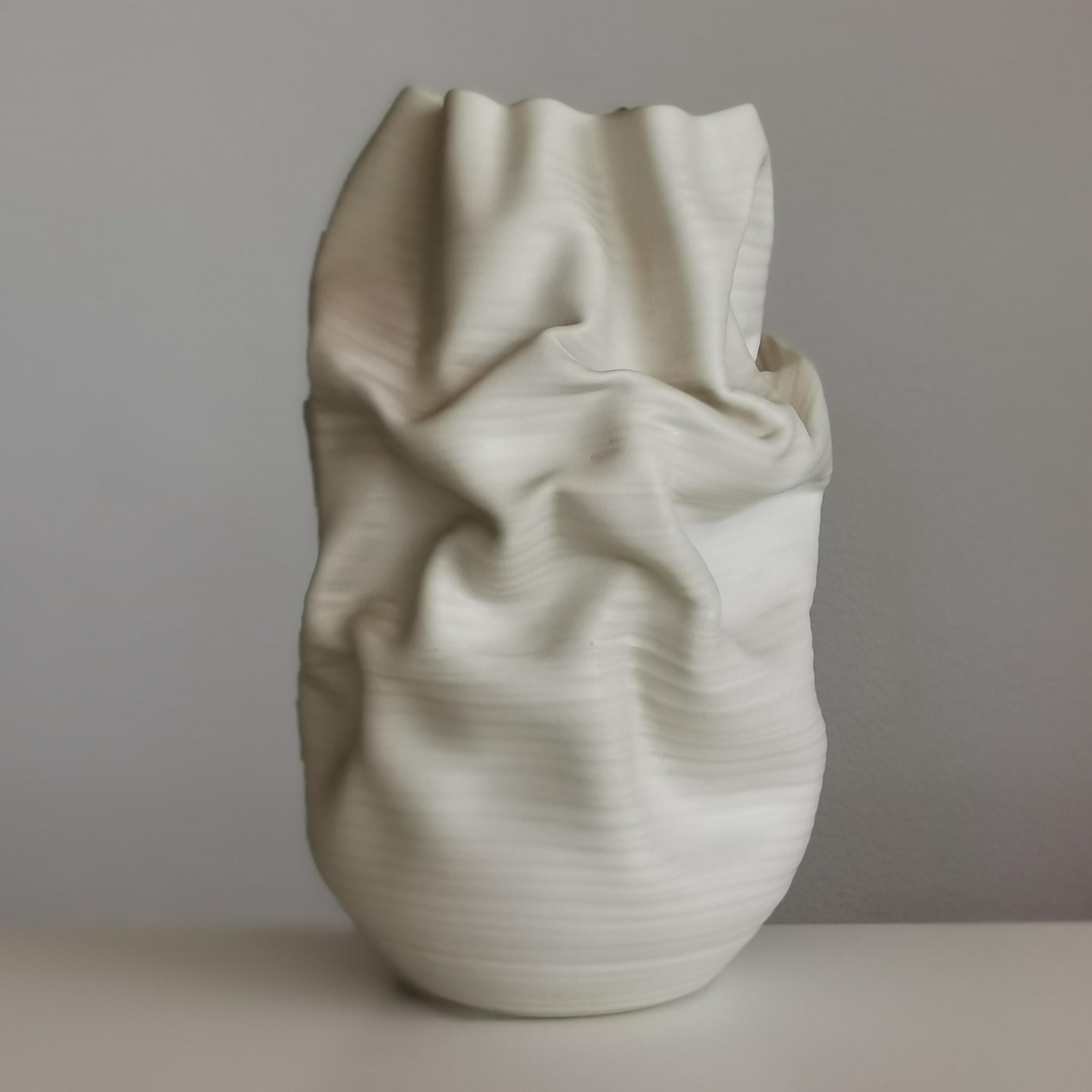 Contemporary White Crumpled Form No 37, Ceramic Vessel by Nicholas Arroyave-Portela