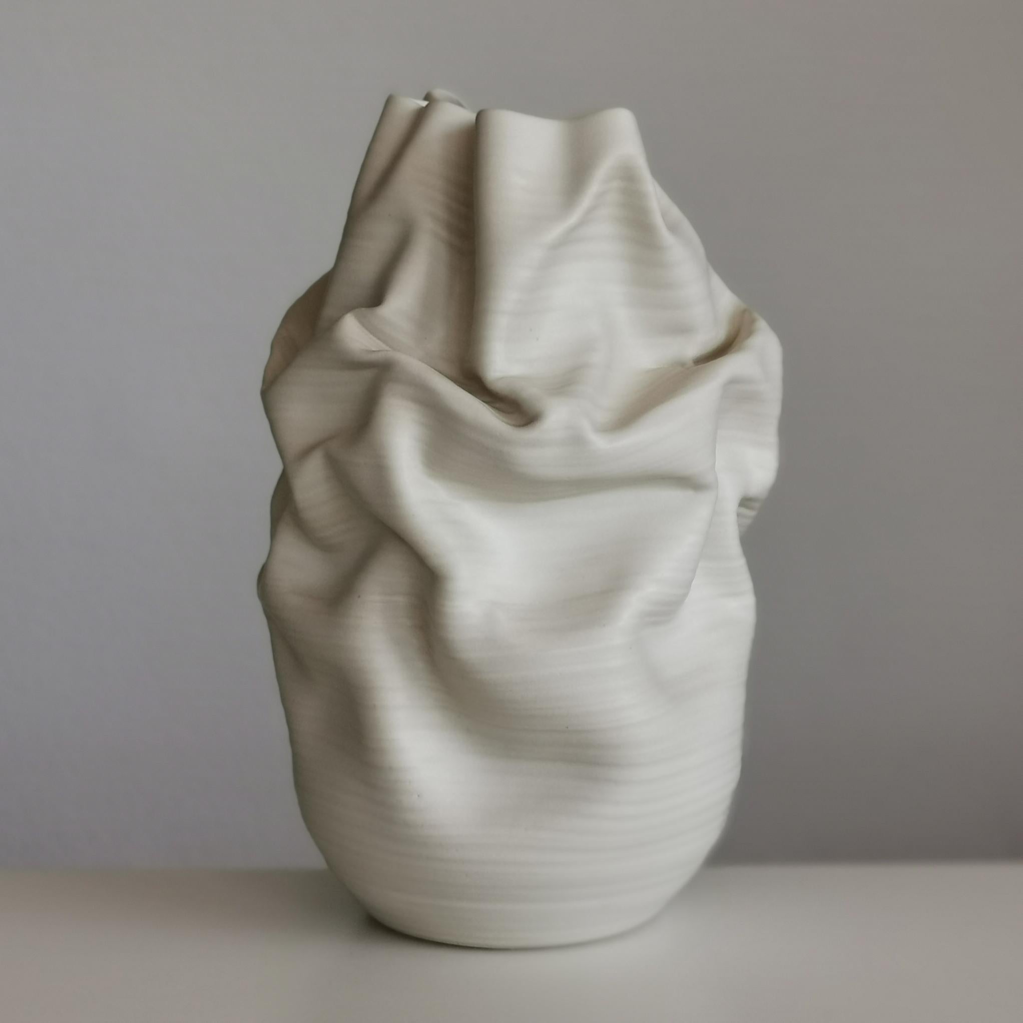White Crumpled Form No 37, Ceramic Vessel by Nicholas Arroyave-Portela 1
