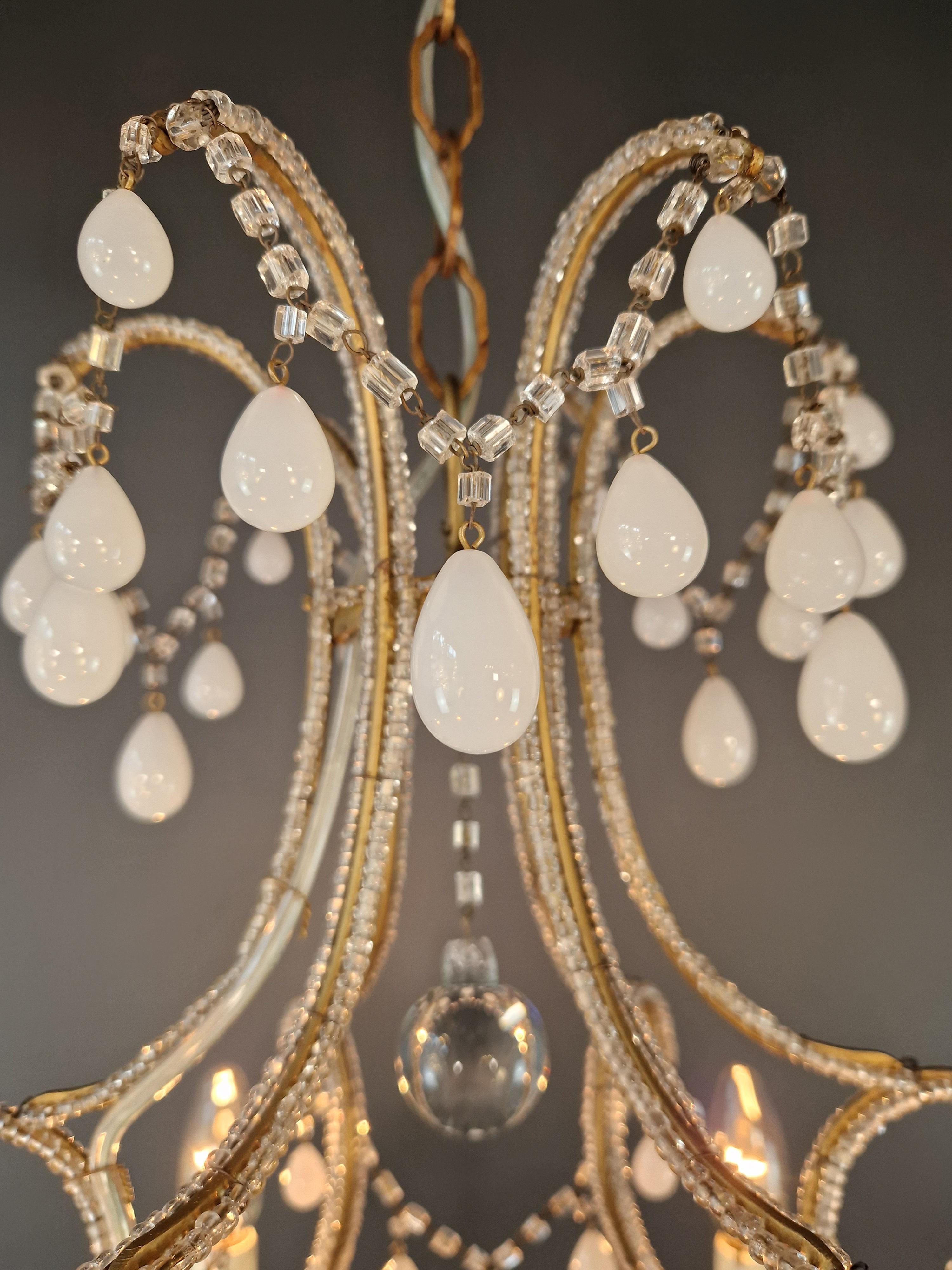Fil di ferro Lampadario di cristallo bianco antico da soffitto Murano Florentine Lustre Art Nouveau in vendita