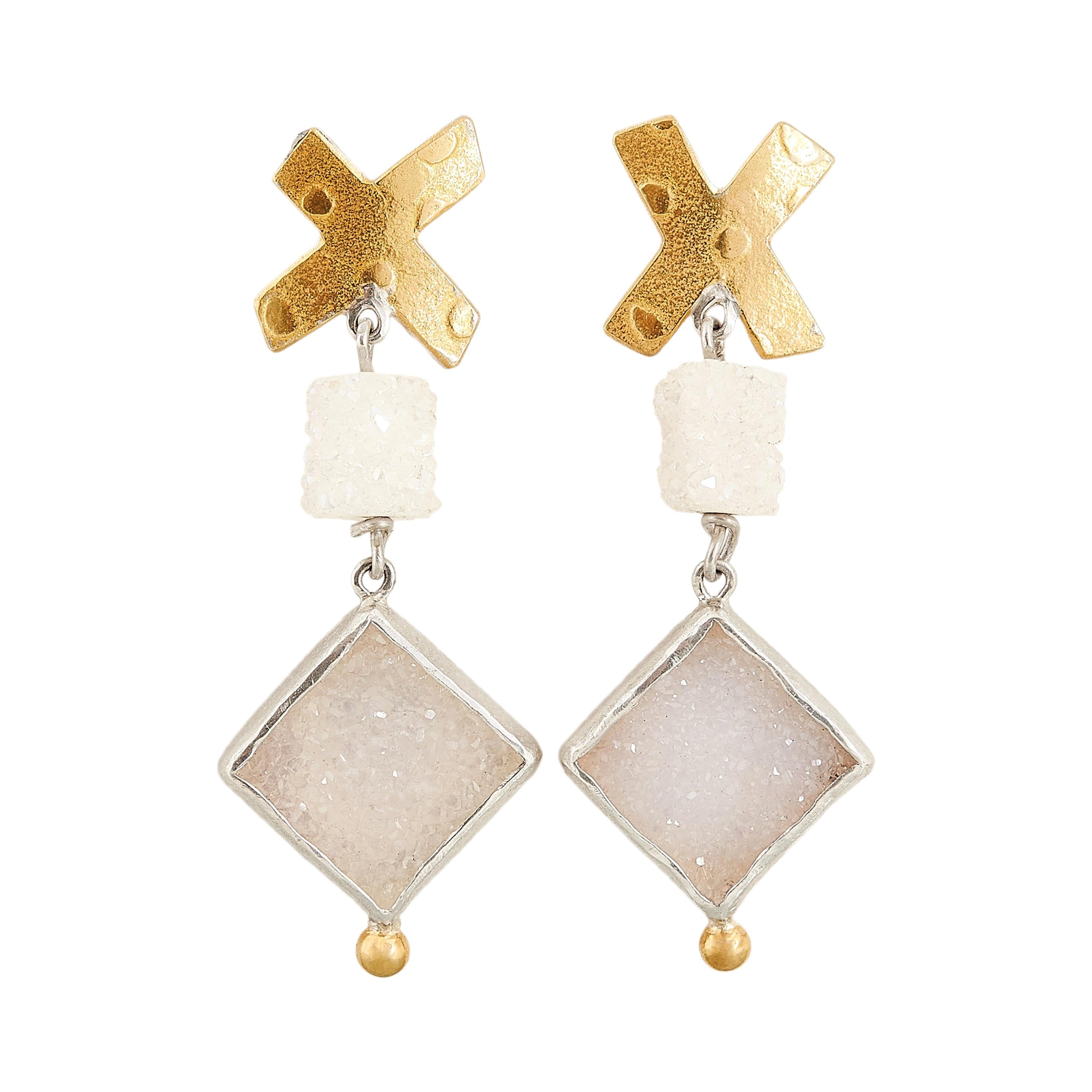 22 Karat Yellow Gold and Silver Dangle Earrings with White Crystal Druzy Agates For Sale