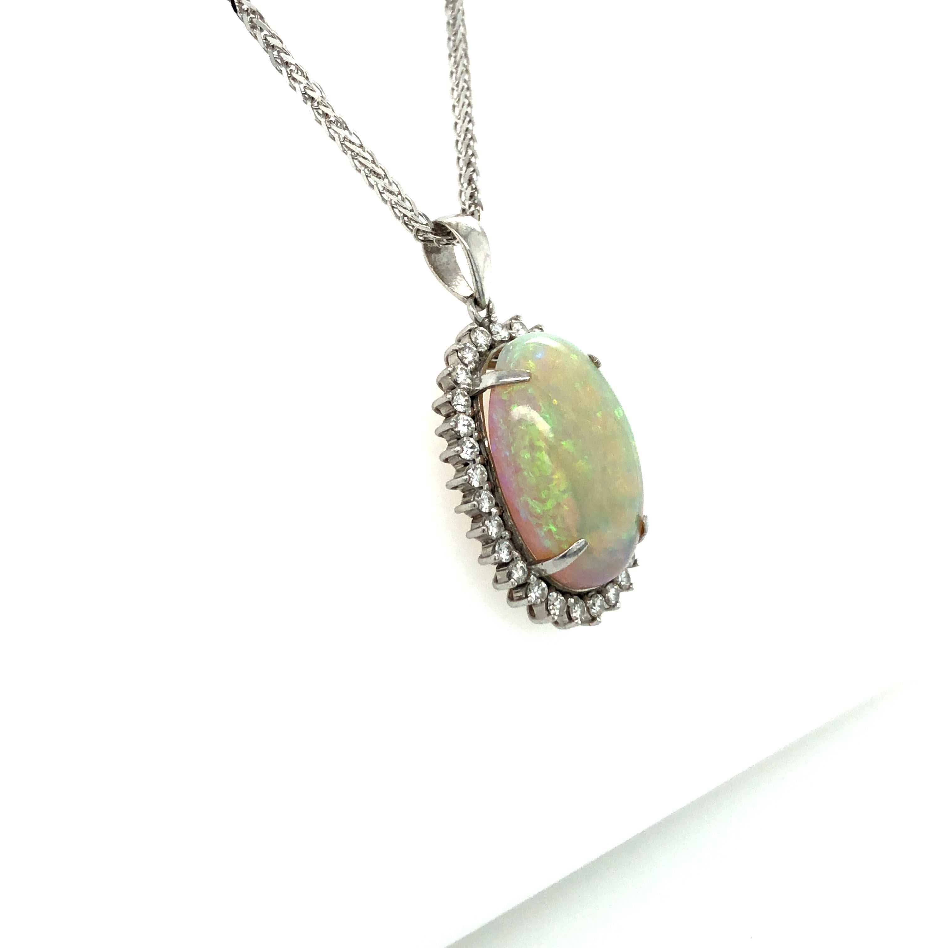 Contemporary White Crystal Opal and Diamond Pendant Necklace in White Gold
