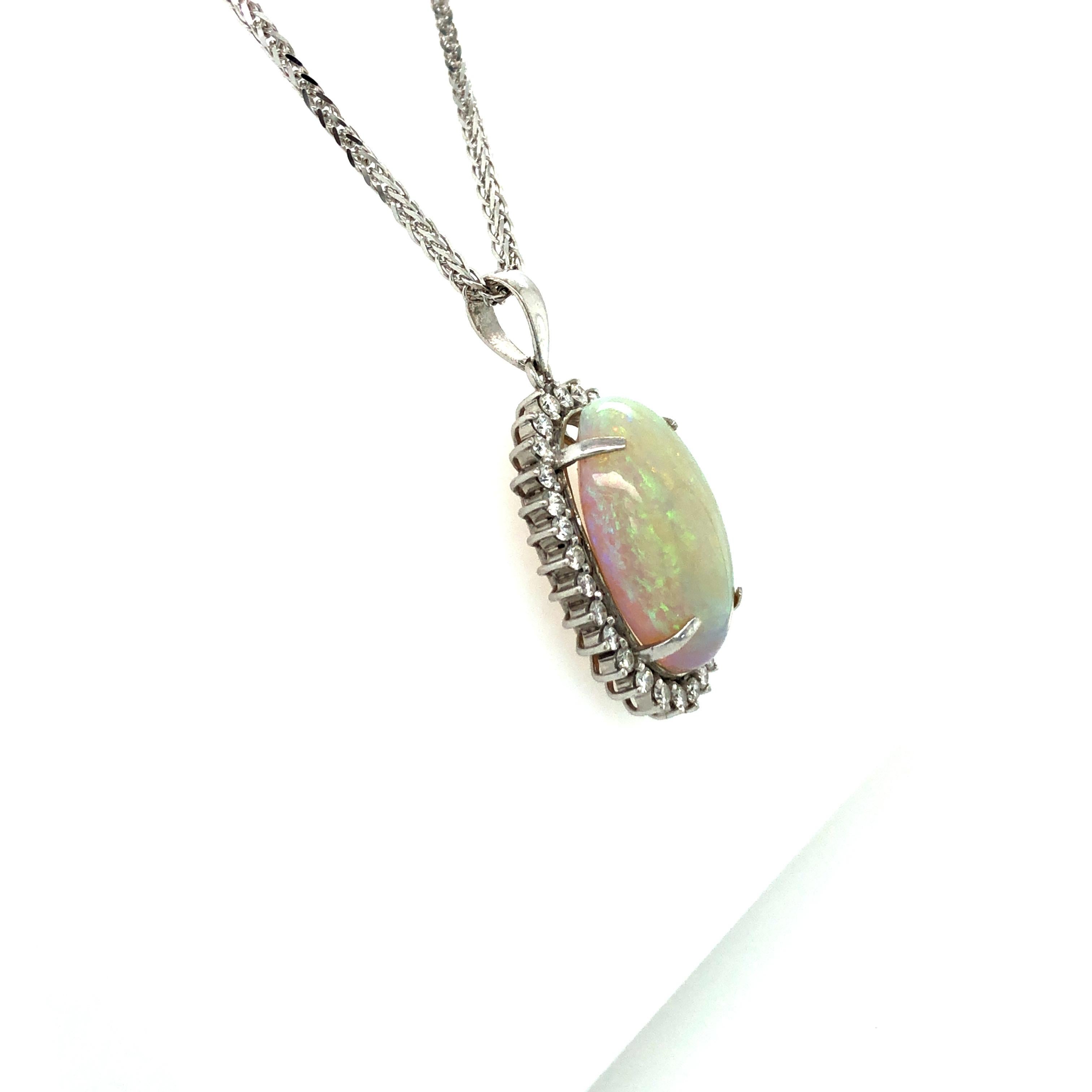 Cabochon White Crystal Opal and Diamond Pendant Necklace in White Gold