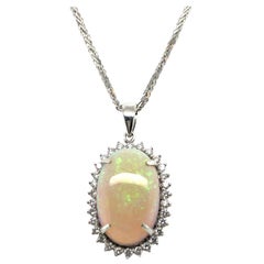 White Crystal Opal and Diamond Pendant Necklace in White Gold